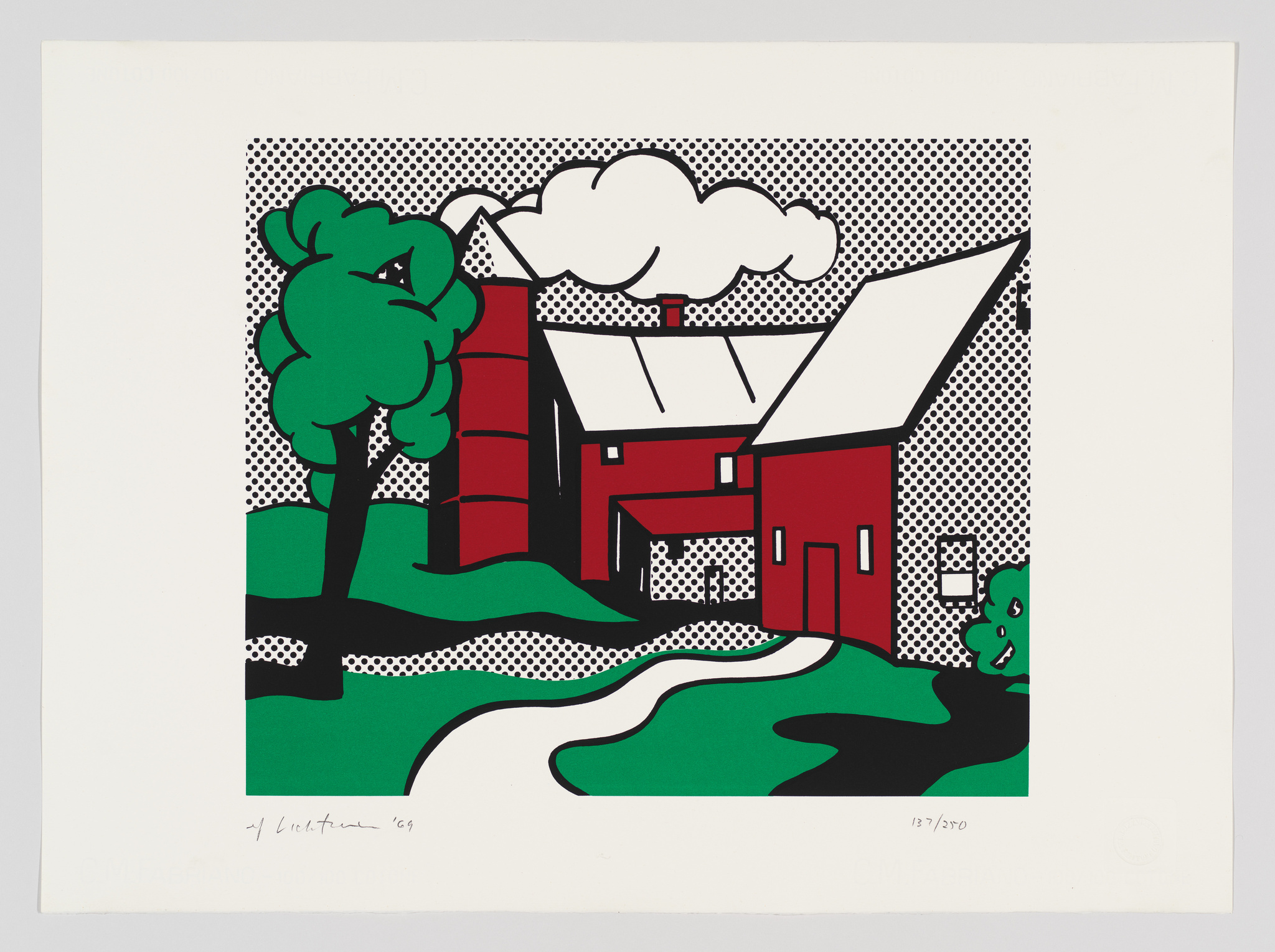 Graphic print featuring a stylized red barn with a white roof, surrounded by green trees and a green field, against a background of black dots. A white cloud of smoke emerges from a red chimney. The image has a bold, pop art aesthetic with a limited color palette of red, green, black, and white. There is a signature and date in the bottom left corner and a print number in the bottom right corner.