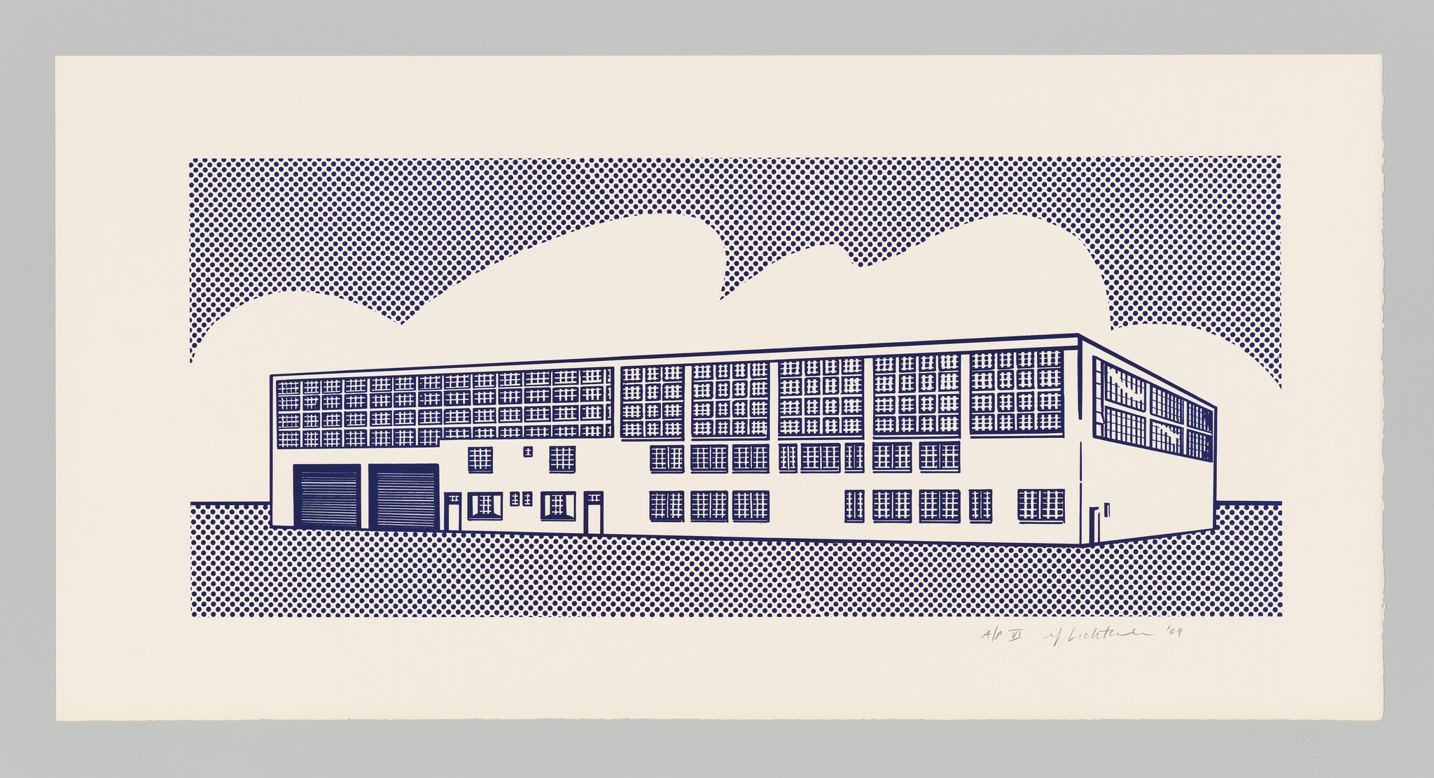 A stylized industrial building with many windows and garage doors against a dotted sky.