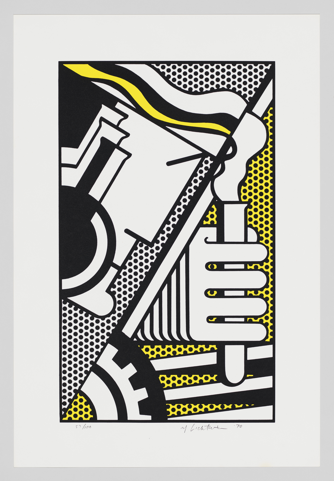 A graphic print featuring bold black and white abstract shapes with yellow accents and dotted textures, signed and numbered by the artist.