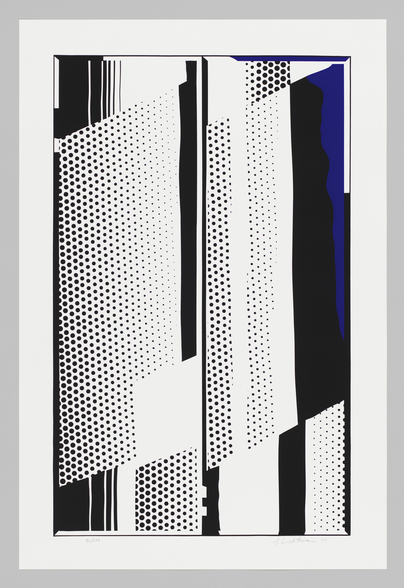 Black and white vertical panels with halftone dots and a narrow blue accent on the right.
