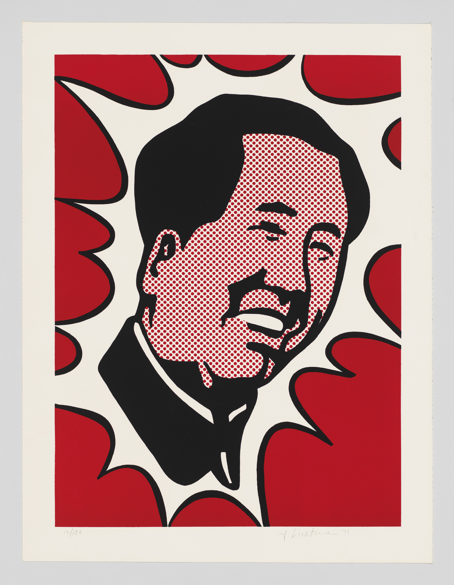 Graphic print featuring a stylized portrait of a man in the center, surrounded by bold red abstract shapes on a white background. The man's face is rendered in a pop art style with a limited color palette of red, black, and white, with a pattern of small red dots filling the white areas of his face. The print includes a signature and edition number on the bottom.