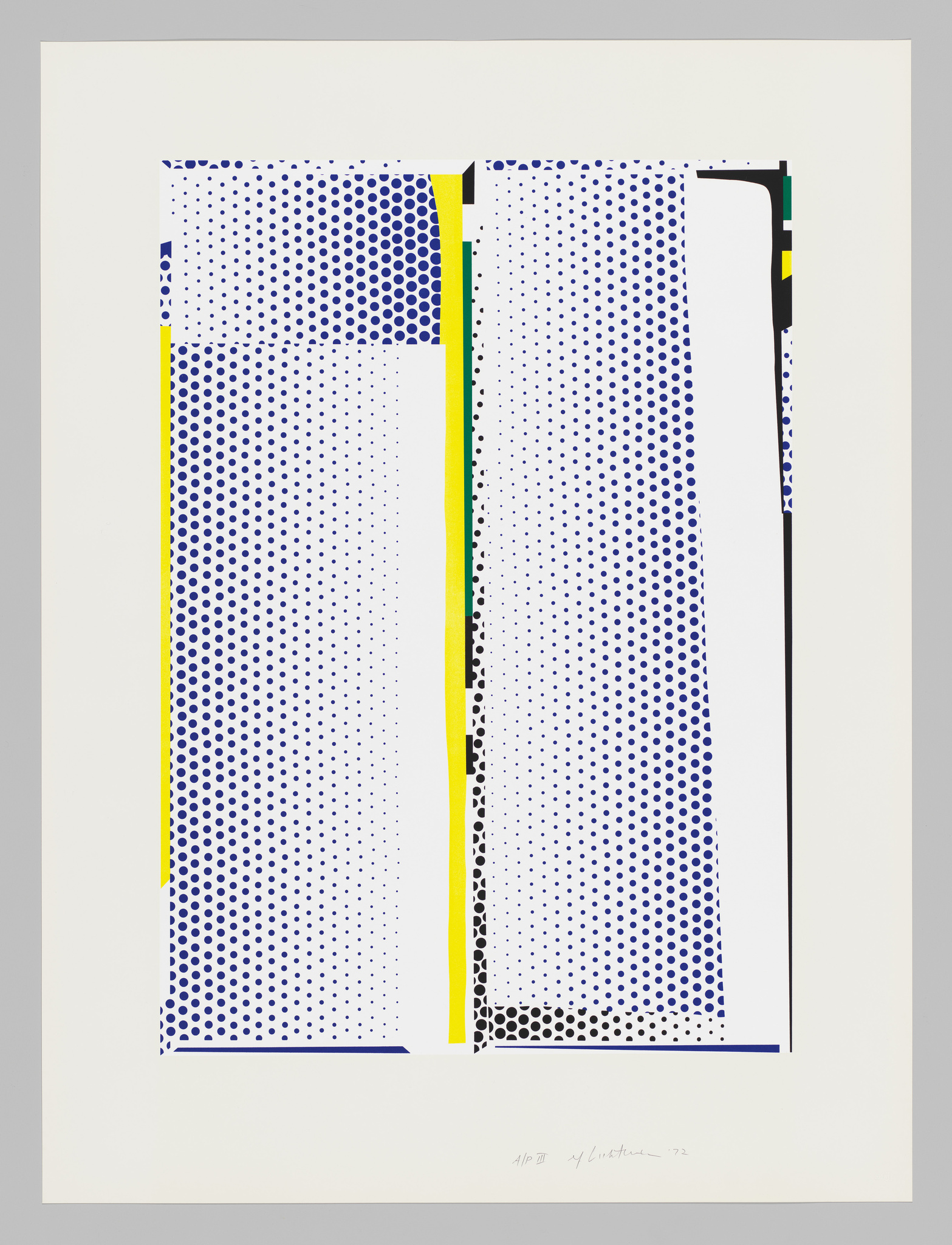 A modern abstract print featuring a pattern of blue dots that vary in density across four vertical panels, separated by thin lines of yellow and black. The background is white and the artwork is signed and dated at the bottom.