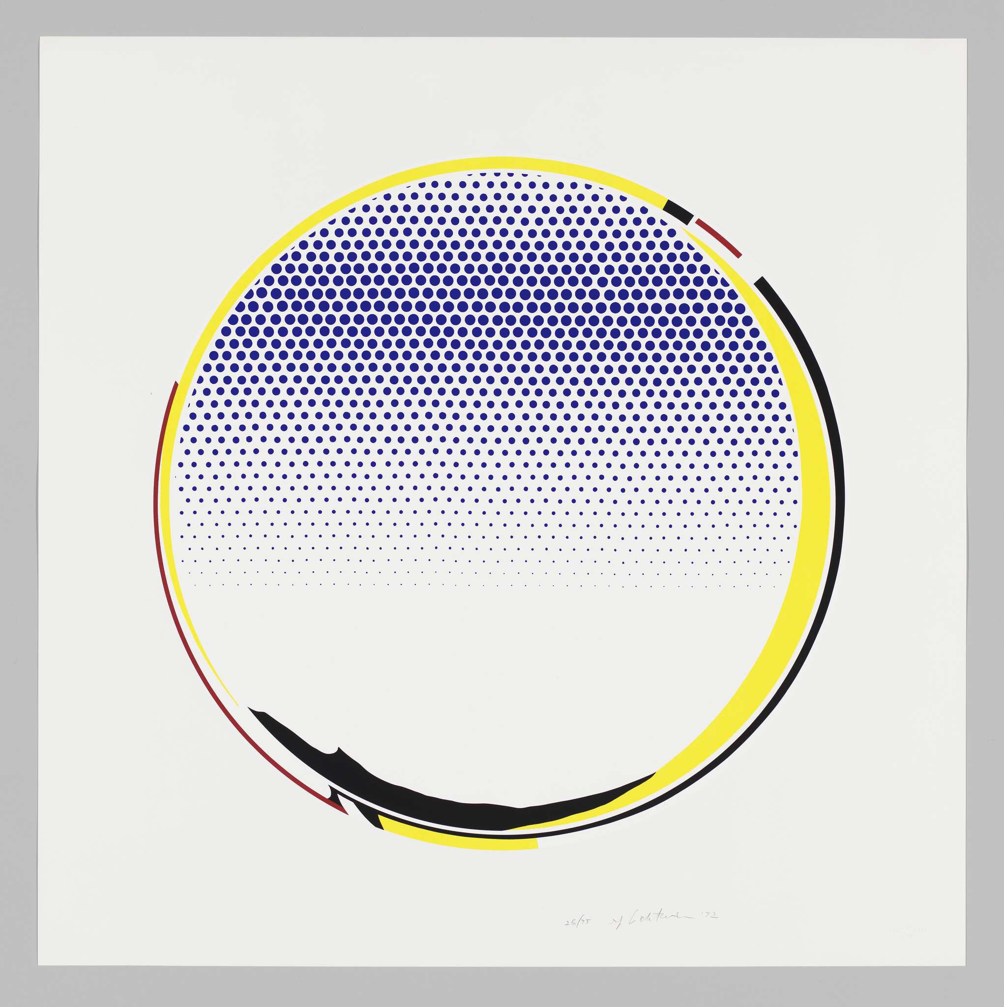 Large circular graphic shows blue halftone dots above a yellow, black, and red outlined ring.