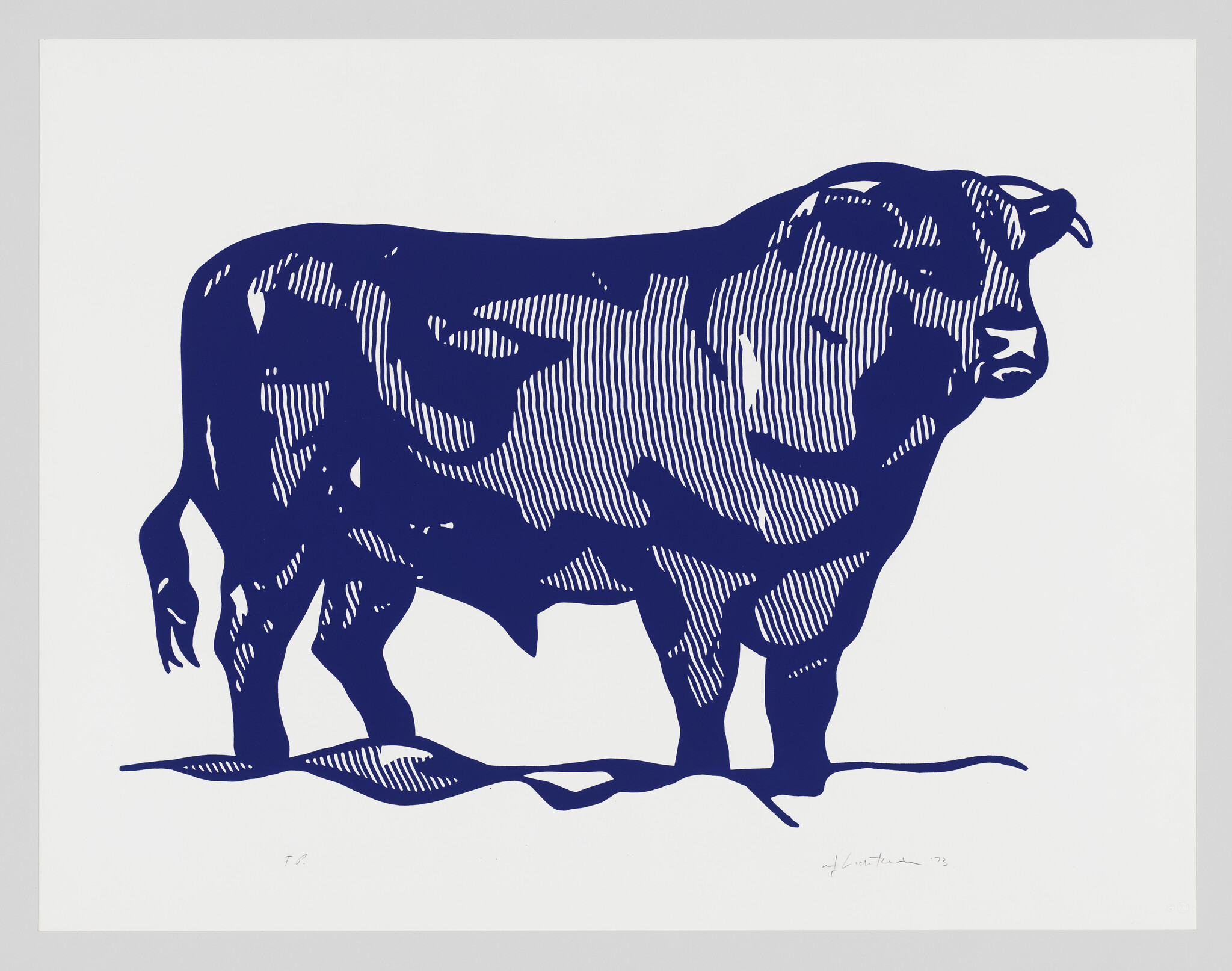 A large blue stylized bull with striped shading stands facing right on a white background.