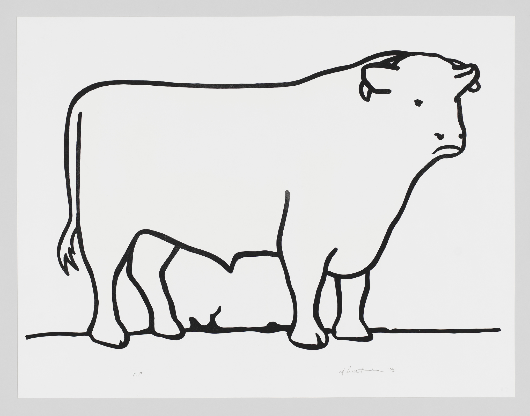 Minimalist black and white line drawing of a cow on a plain background.