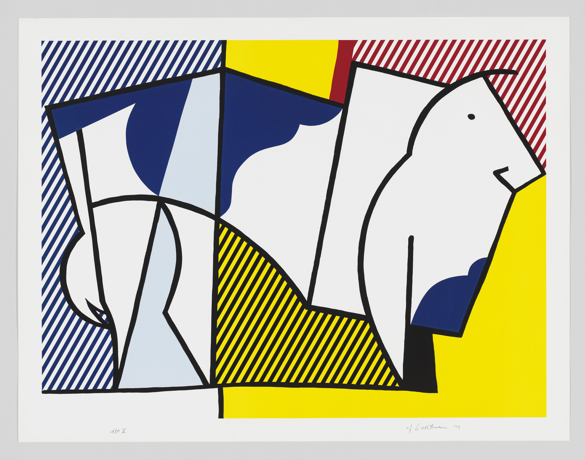 Abstract elephant-like figure formed by bold black outlines, yellow and blue striped color blocks.