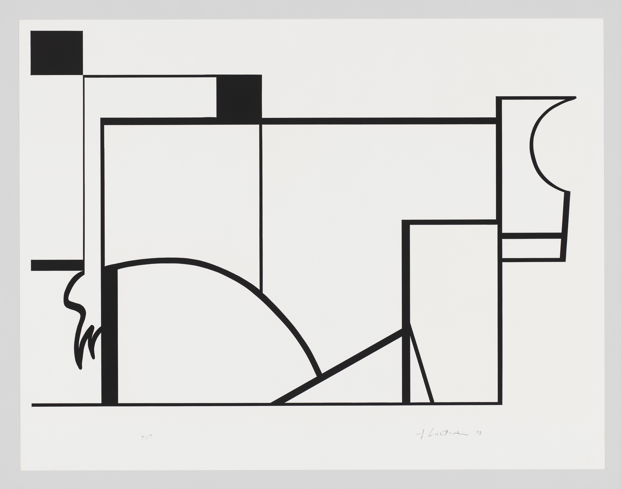 Geometric abstract art with black shapes and lines on a white background, signed and dated '73.