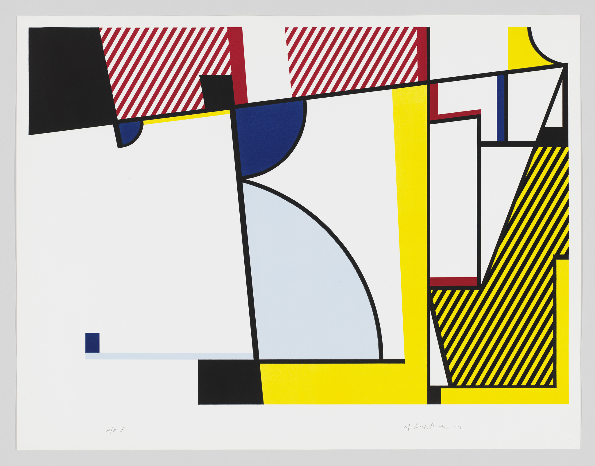 A modern abstract print featuring geometric shapes in bold colors such as red, blue, yellow, and black, with striped patterns on some shapes, against a predominantly white background. The artwork is signed and numbered at the bottom.