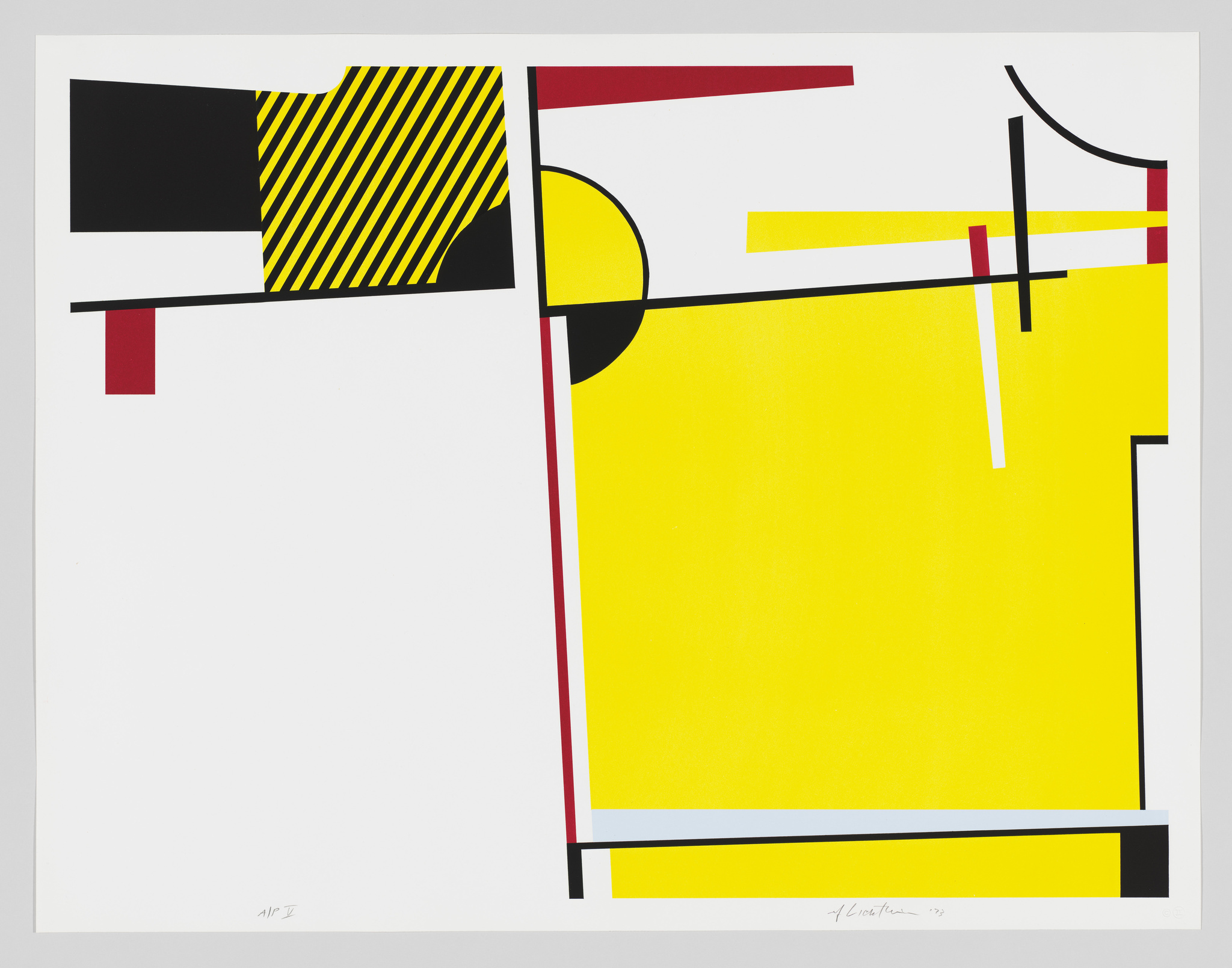 A modern abstract artwork featuring geometric shapes and bold colors, primarily yellow, with black, white, and red accents. The composition includes a large yellow rectangle dominating the space, intersected by lines and smaller shapes, including a black rectangle with yellow stripes and a circular form partially visible at the edge. The piece is signed and dated by the artist in the lower right corner.