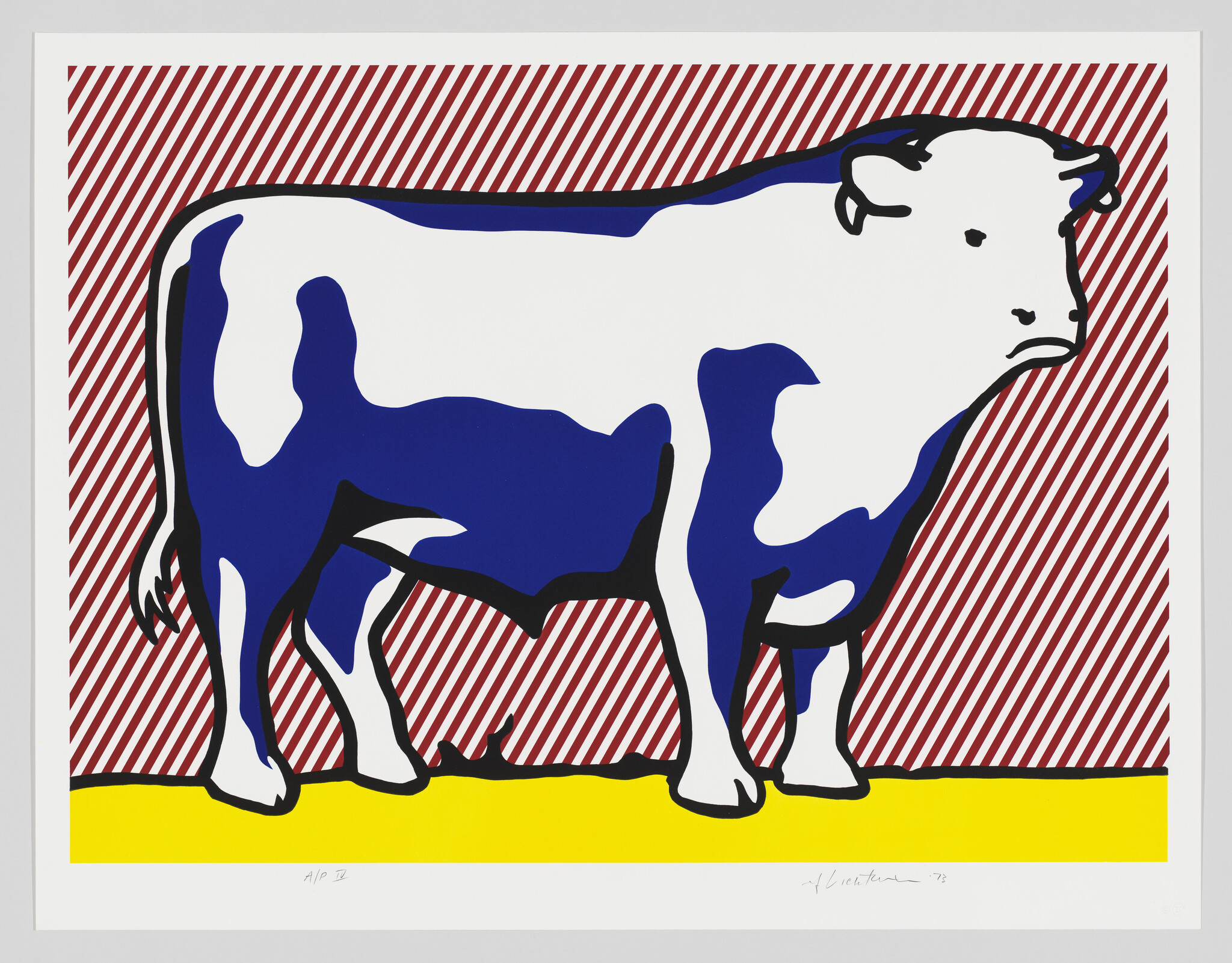 A stylized blue-and-white cow stands on a yellow floor against red diagonal stripes.