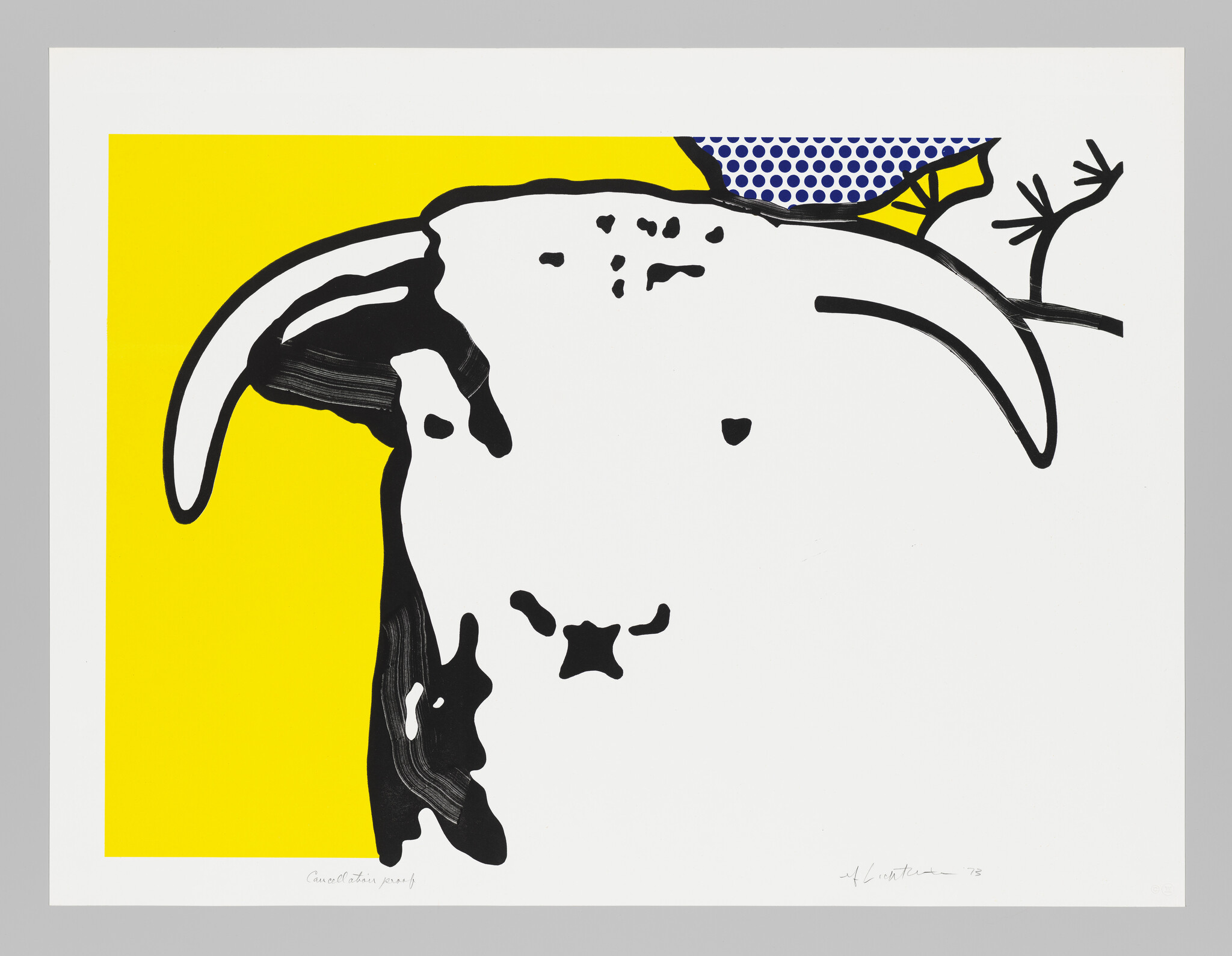 A large stylized ram head with curved horns against a bright yellow square background.