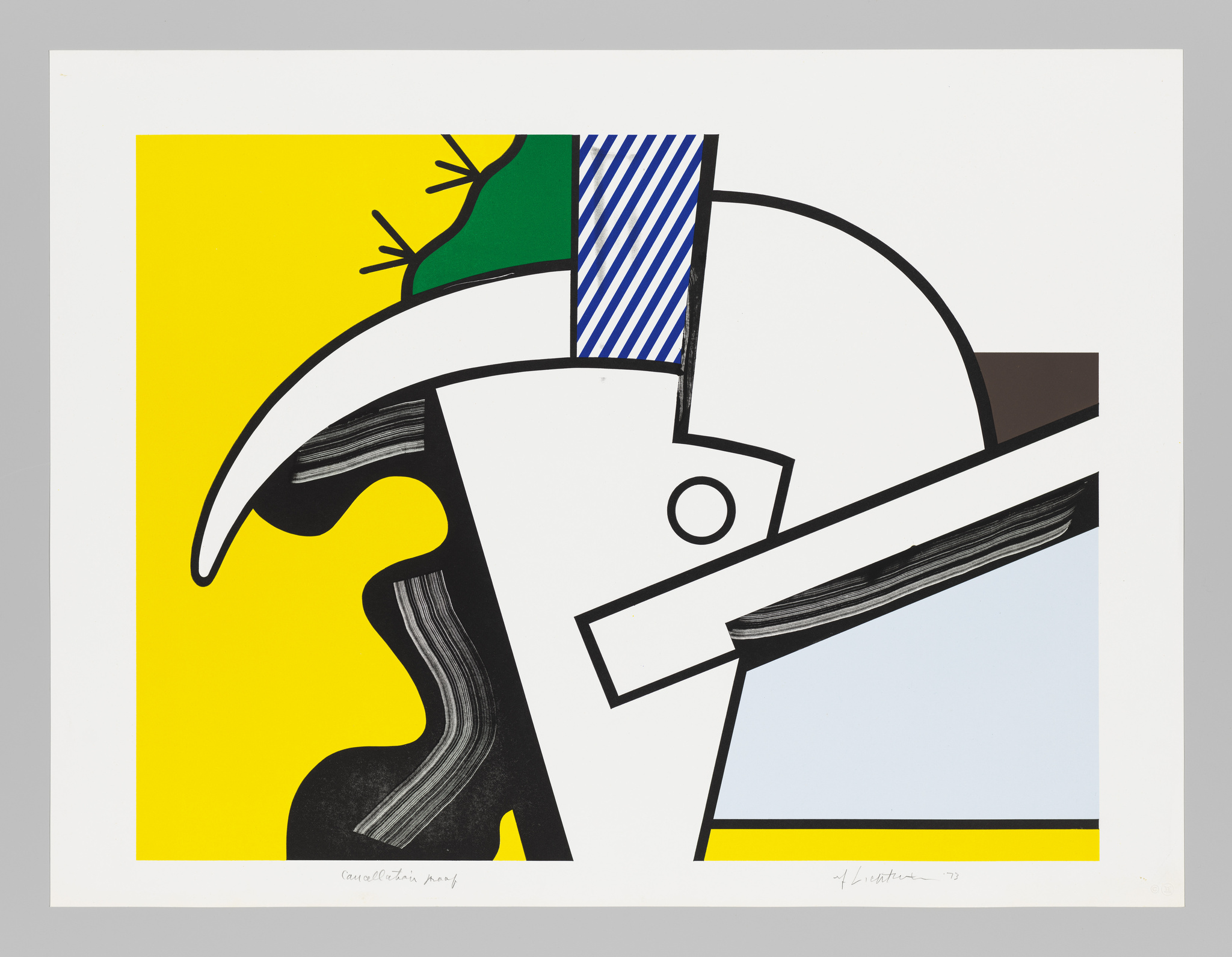 A modern abstract print featuring geometric shapes and bold colors, with a yellow background on the left and a white background on the right, overlaid with black, green, blue striped, and brown shapes that suggest a stylized profile of a face. The artwork is signed and dated at the bottom.