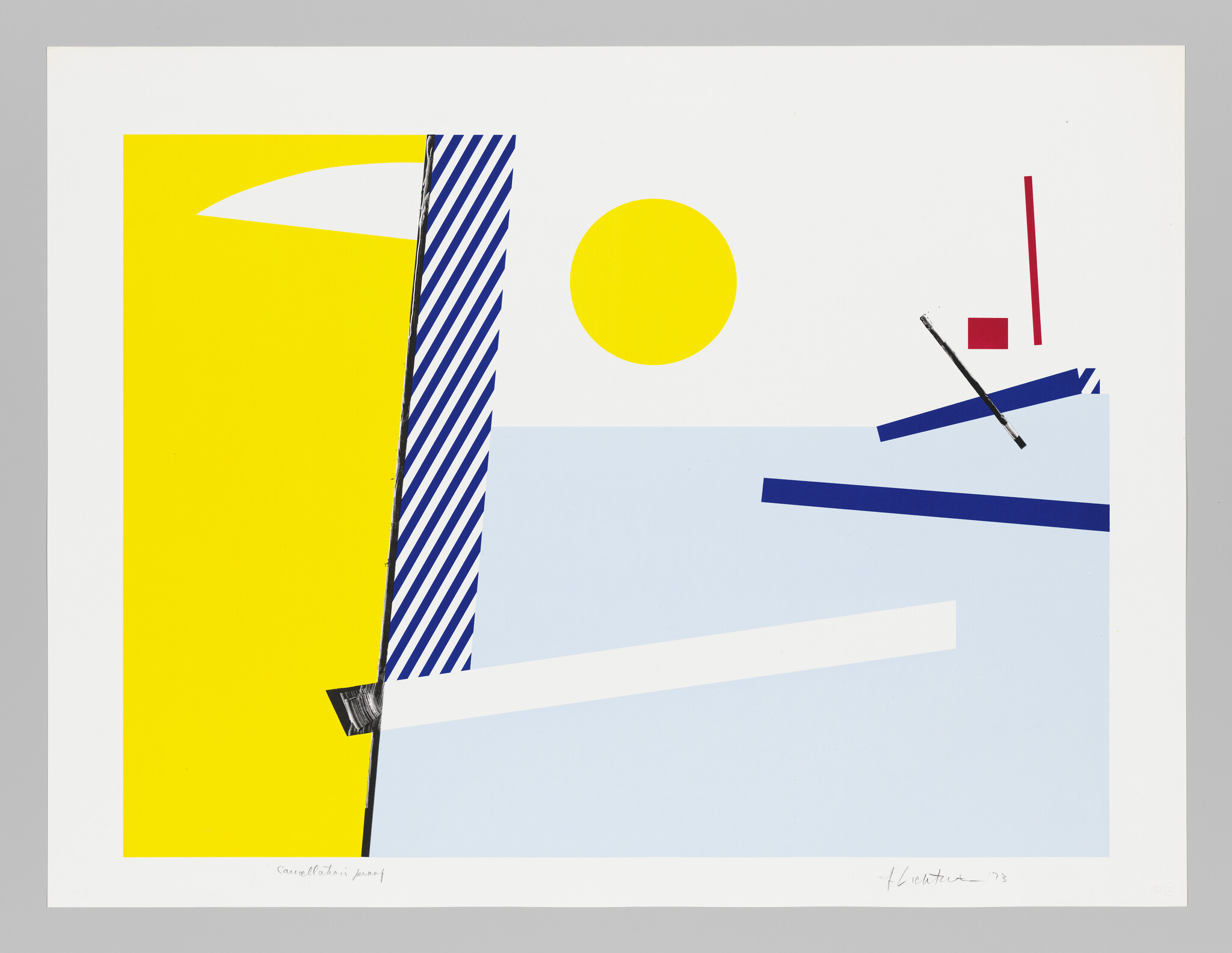 Abstract geometric composition with a large yellow block, blue striped column, yellow circle, and angled blue bars.