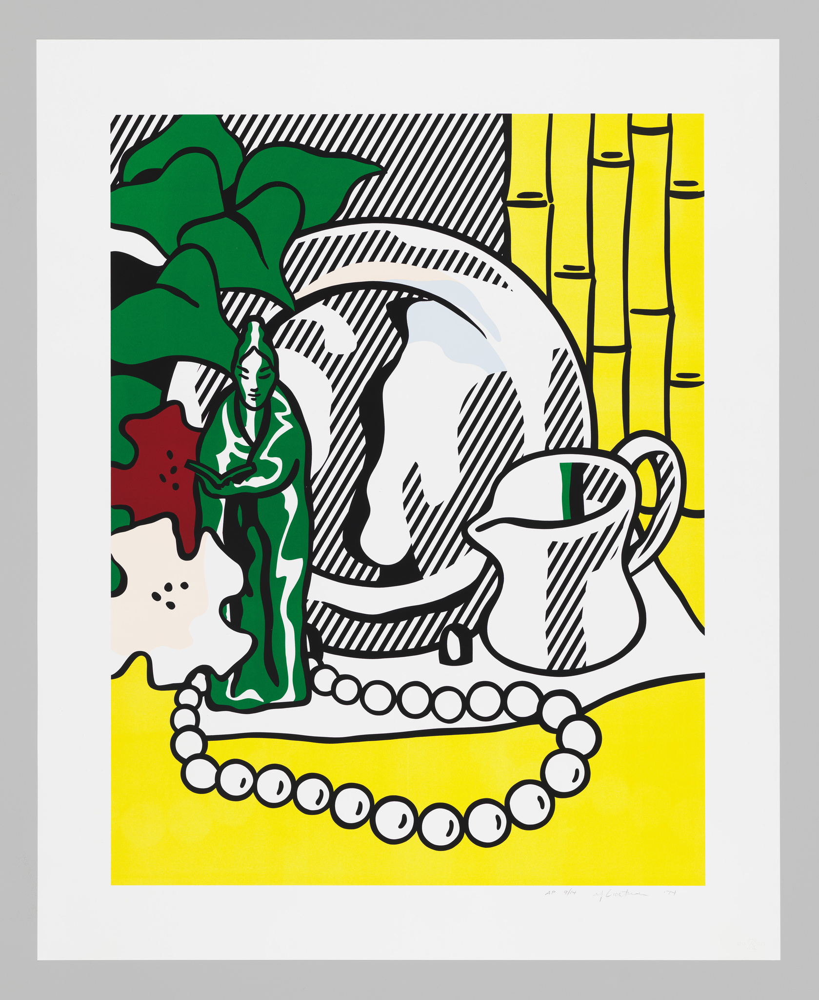 A graphic artwork featuring bold outlines and primary colors, depicting a stylized still life scene with a central face-like form, a green figure, a white jug, a string of beads, and bamboo-like yellow elements in the background. The style is reminiscent of pop art.