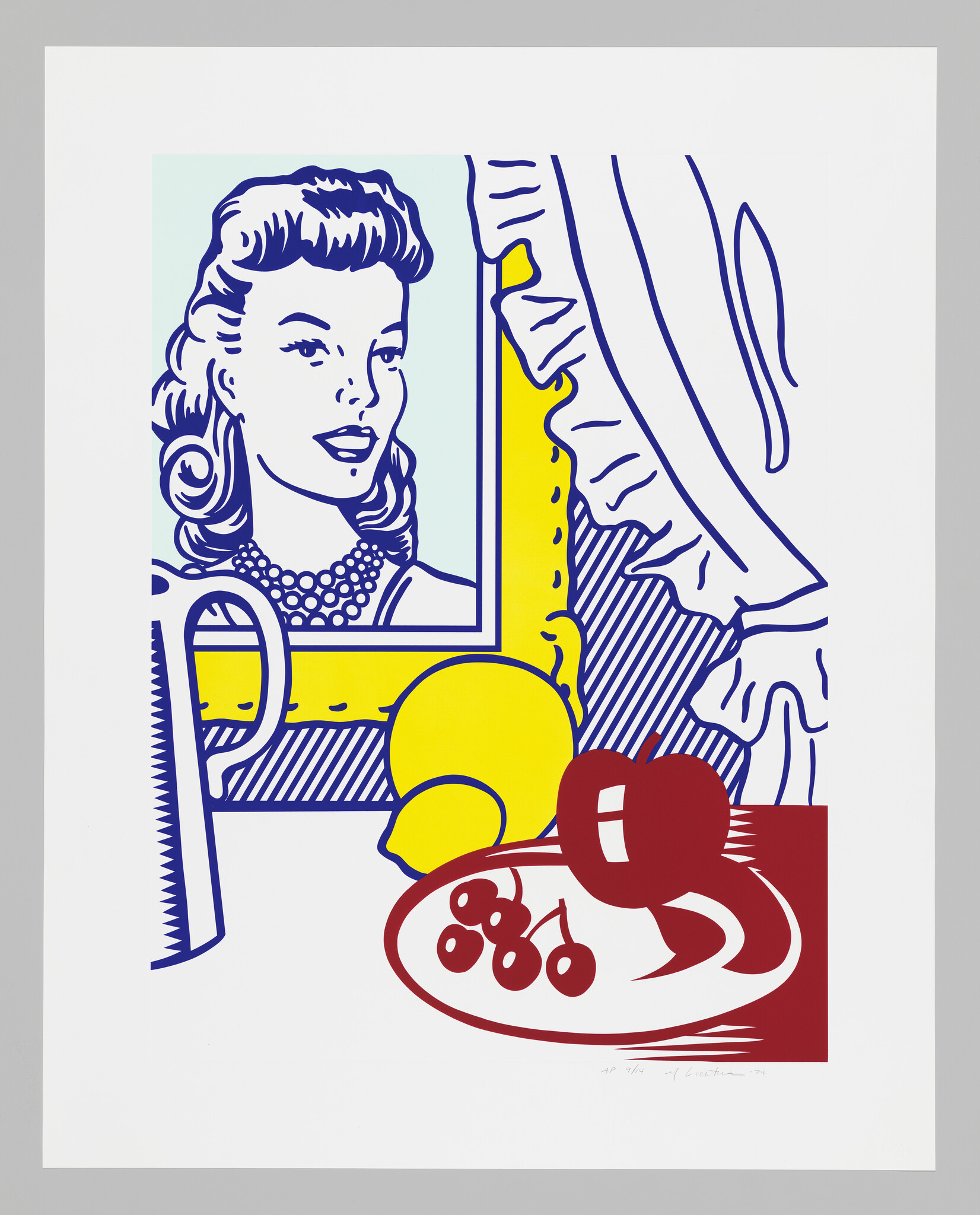 A pop-art styled portrait of a woman next to a plate of fruit and draped curtain.