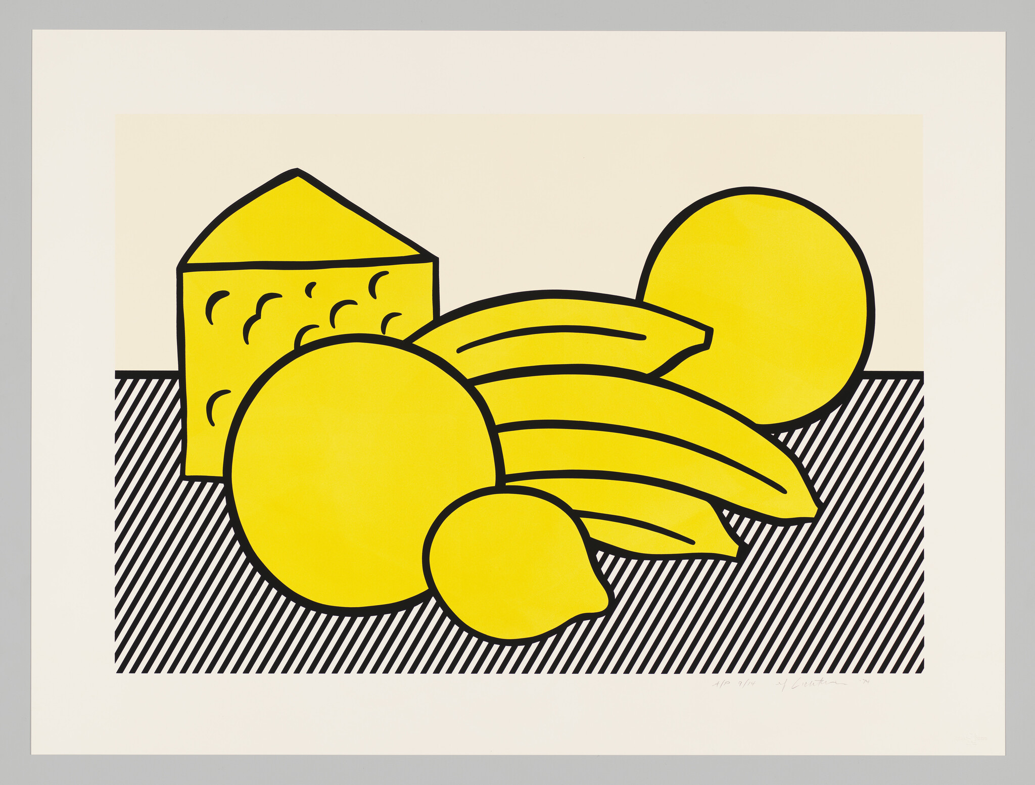 Bright yellow bananas, two round oranges, and a lemon arranged on a striped surface.