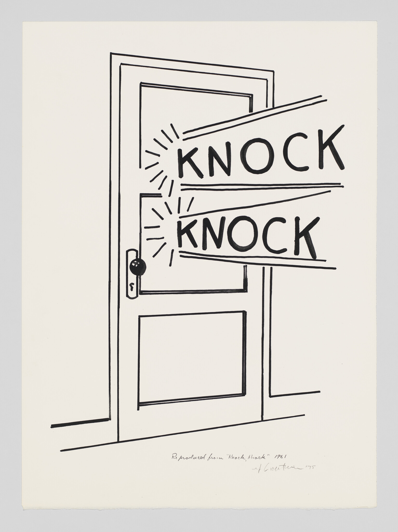 A drawn door with two banners reading "KNOCK" and cartoon lines indicating knocking.