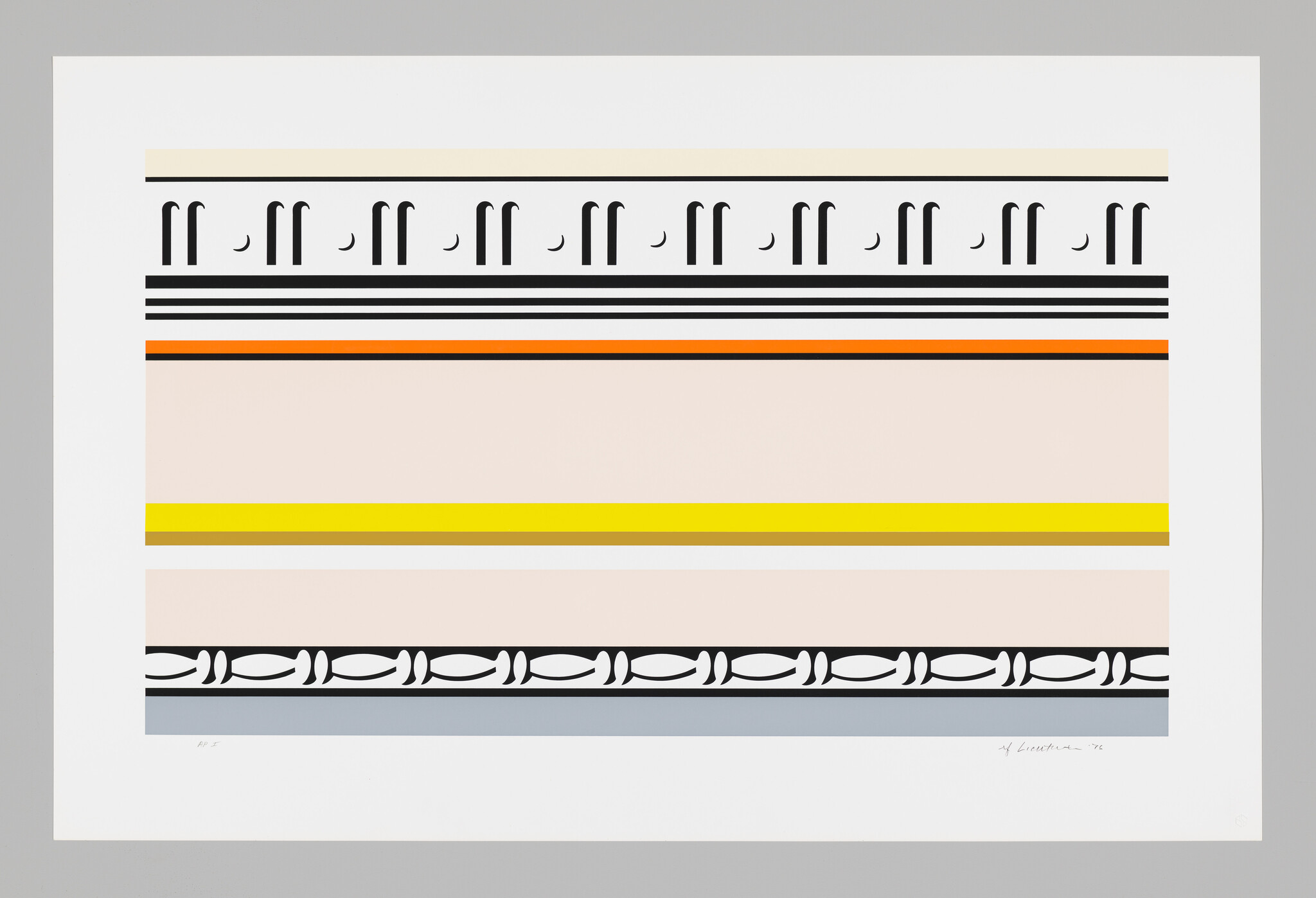 Sharp, heavy lines with patterns of round geometric shapes run across the top and bottom of the frame, resembling architectural detail.