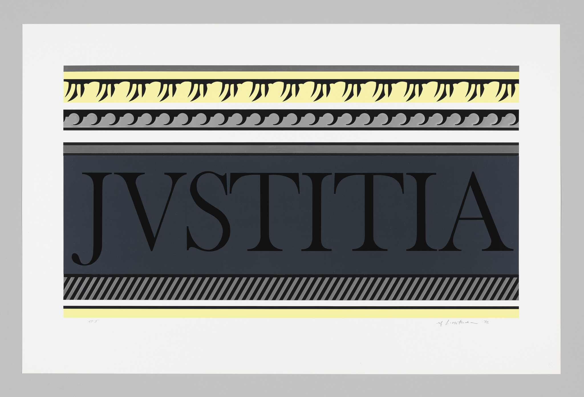 Large dark panel with the word 'JVSTITIA' in bold letters framed by decorative yellow and gray borders.