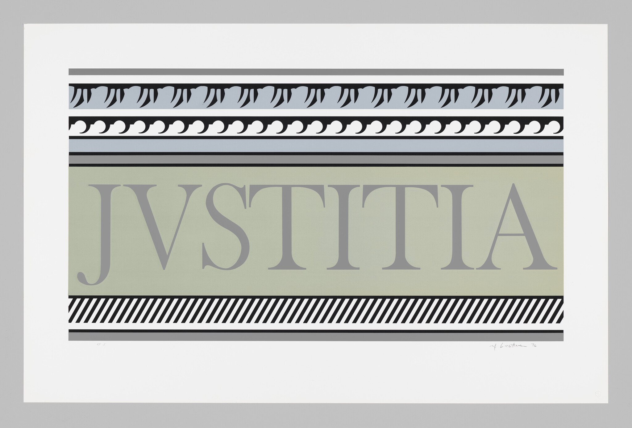 Large pale green panel displays the word IVSTITIA in gray with decorative striped borders.