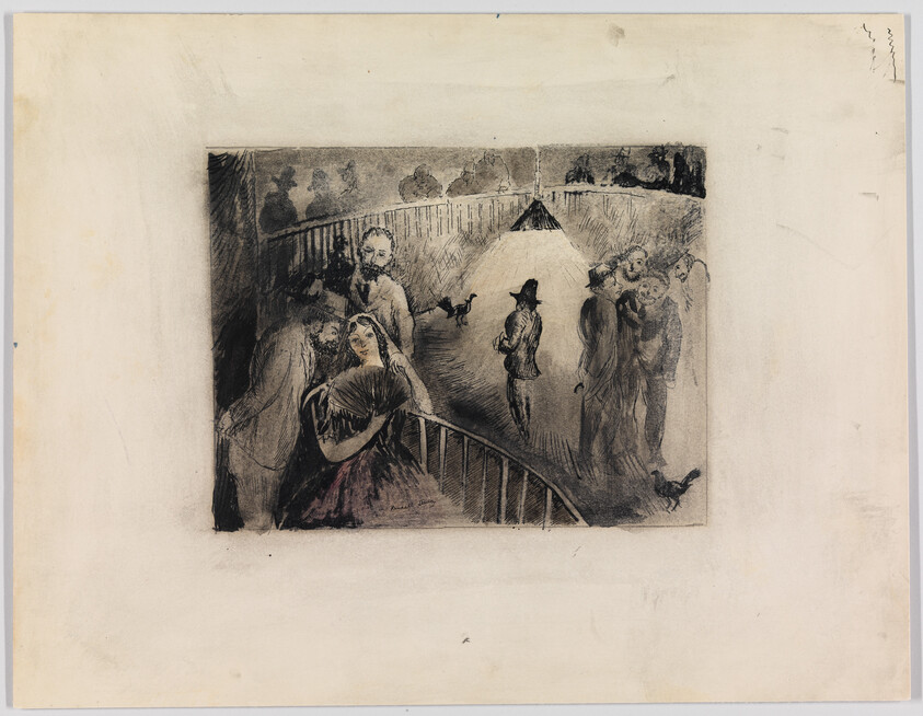 Couples in a dim theater balcony converse under a central hanging lamp, with a few birds nearby.