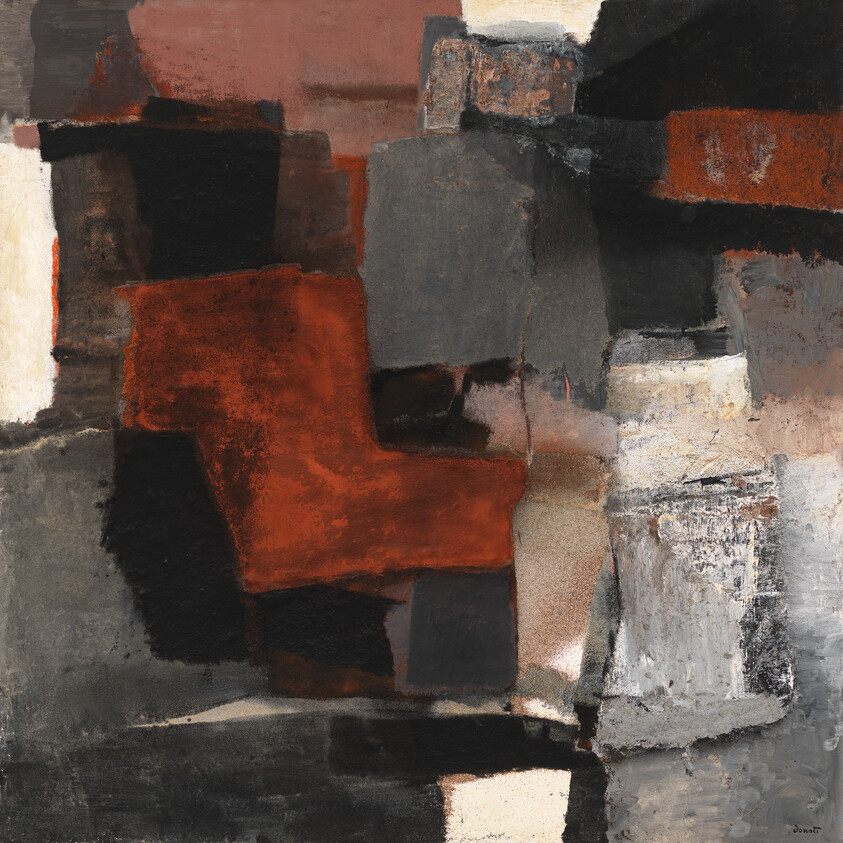 Abstract composition of overlapping geometric blocks in rust red, black, gray, and beige tones.