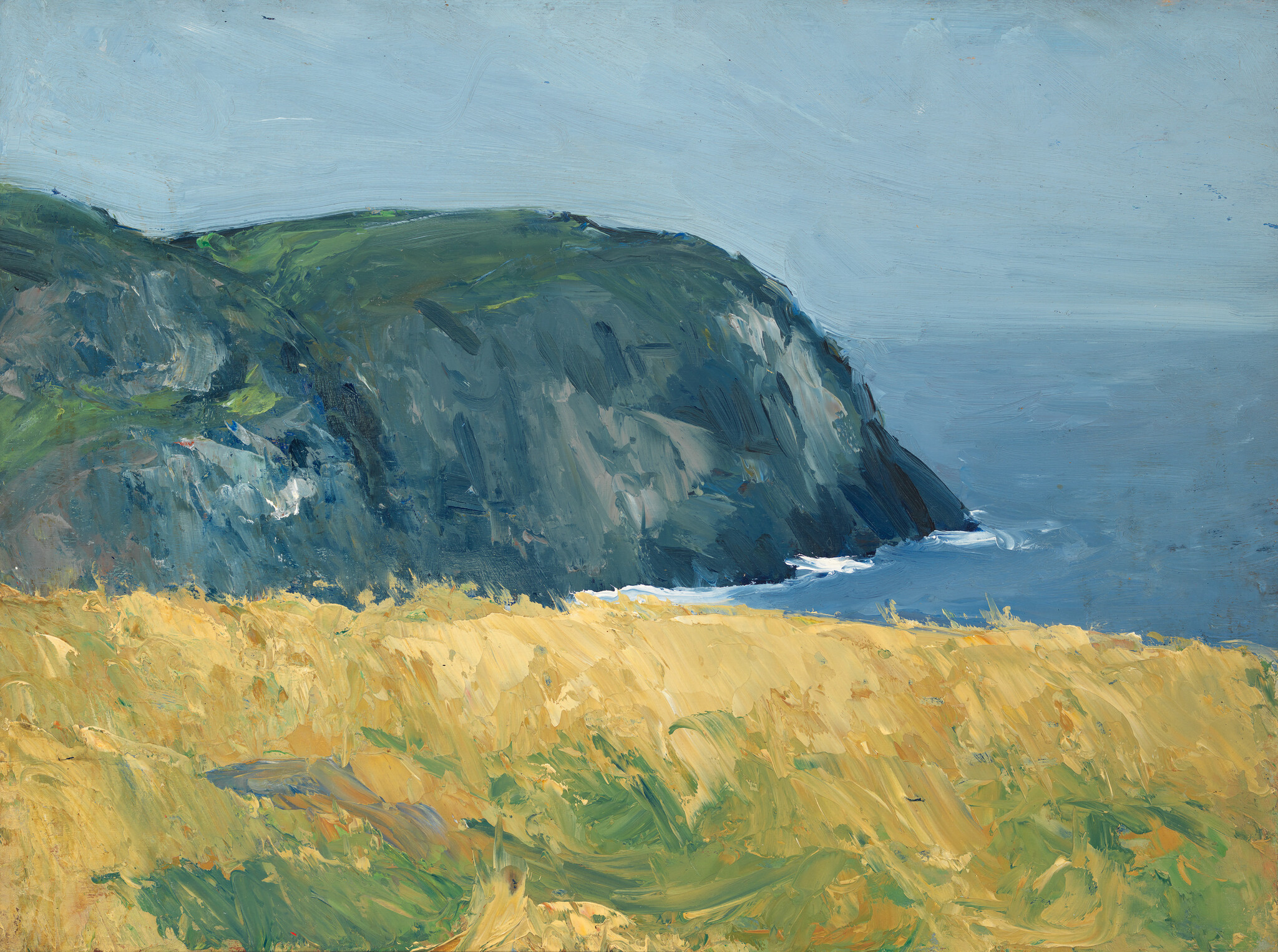 Oil painting depicting a coastal landscape with a prominent cliff face overlooking the sea. The foreground features a field of golden grass, while the cliff is rendered in shades of dark green and blue, contrasting with the light blue sky above and the white foam of the waves at the cliff's base.