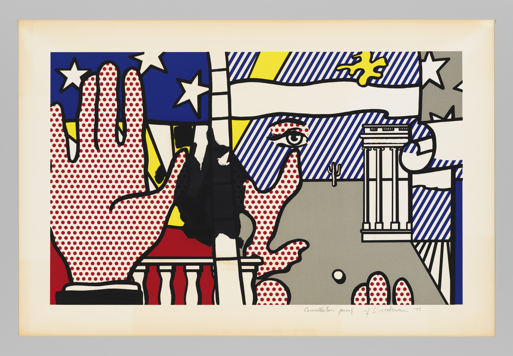 A graphic print featuring a stylized composition with bold colors and pop art elements, including a large hand in the foreground, a partial face with an eye, and abstract representations of stars and architectural forms. The artwork is signed and dated at the bottom right.