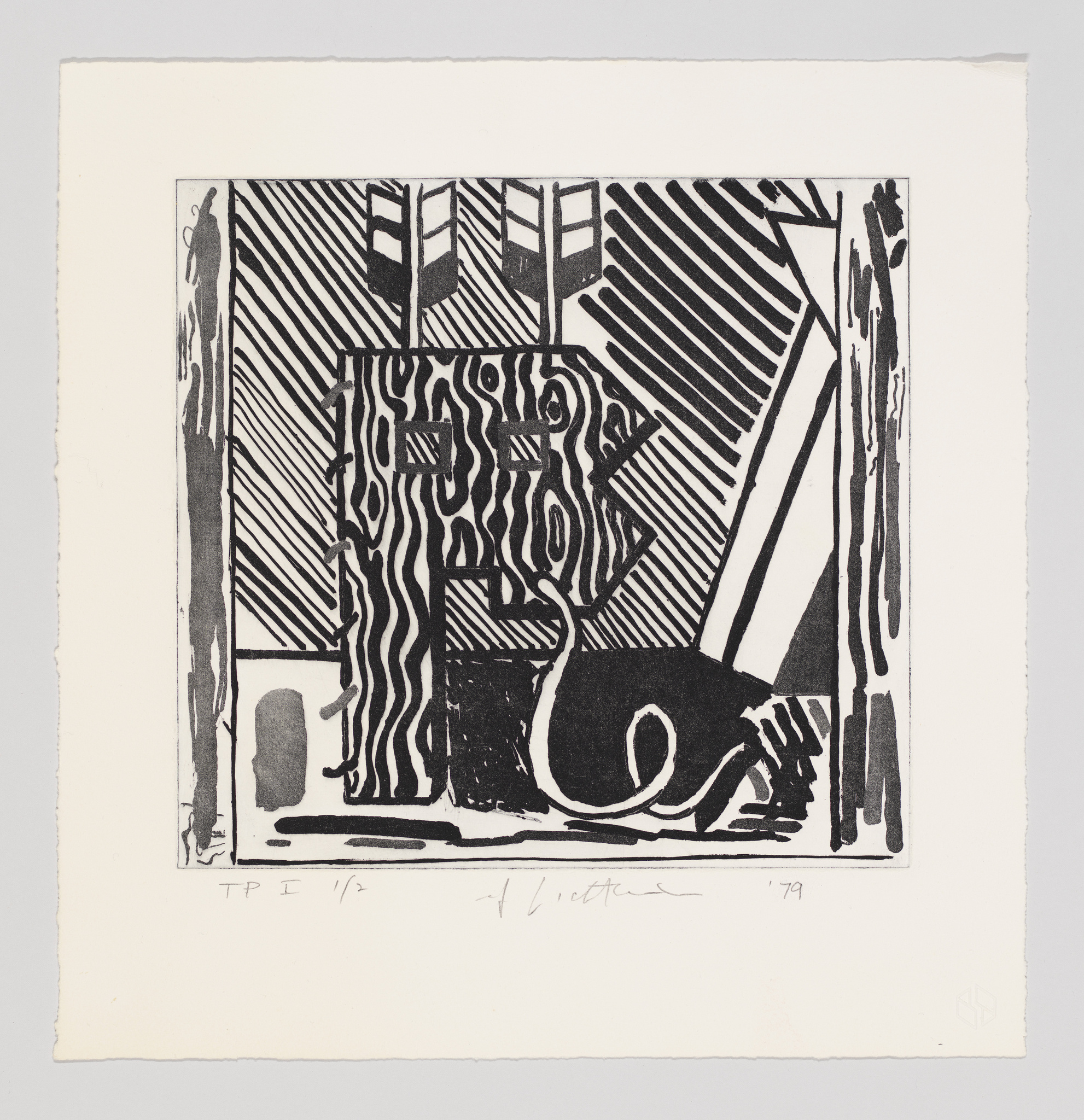 Black and white abstract print with bold patterns and shapes, signed and dated '79 by the artist.