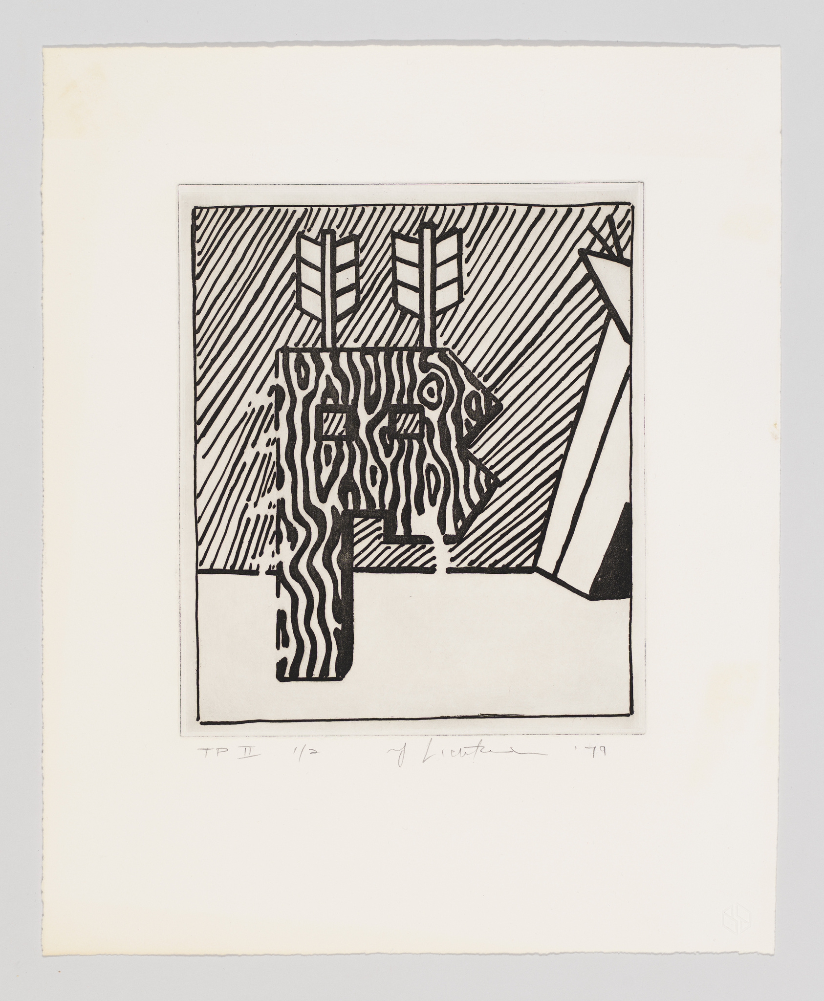 Black and white abstract print with striped patterns and geometric shapes, signed and dated '79.