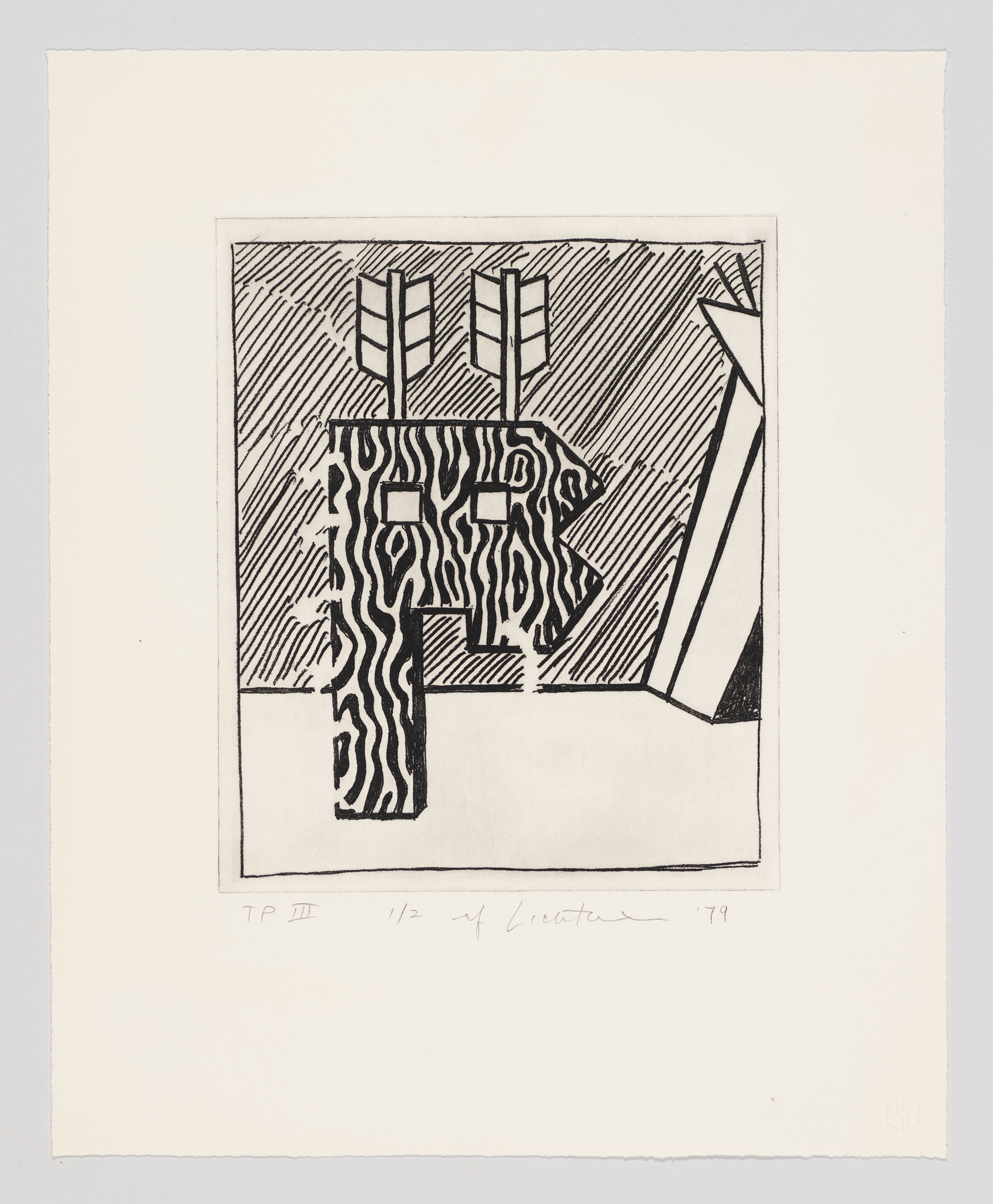 Black and white abstract print with geometric shapes and patterns, signed and dated '79.