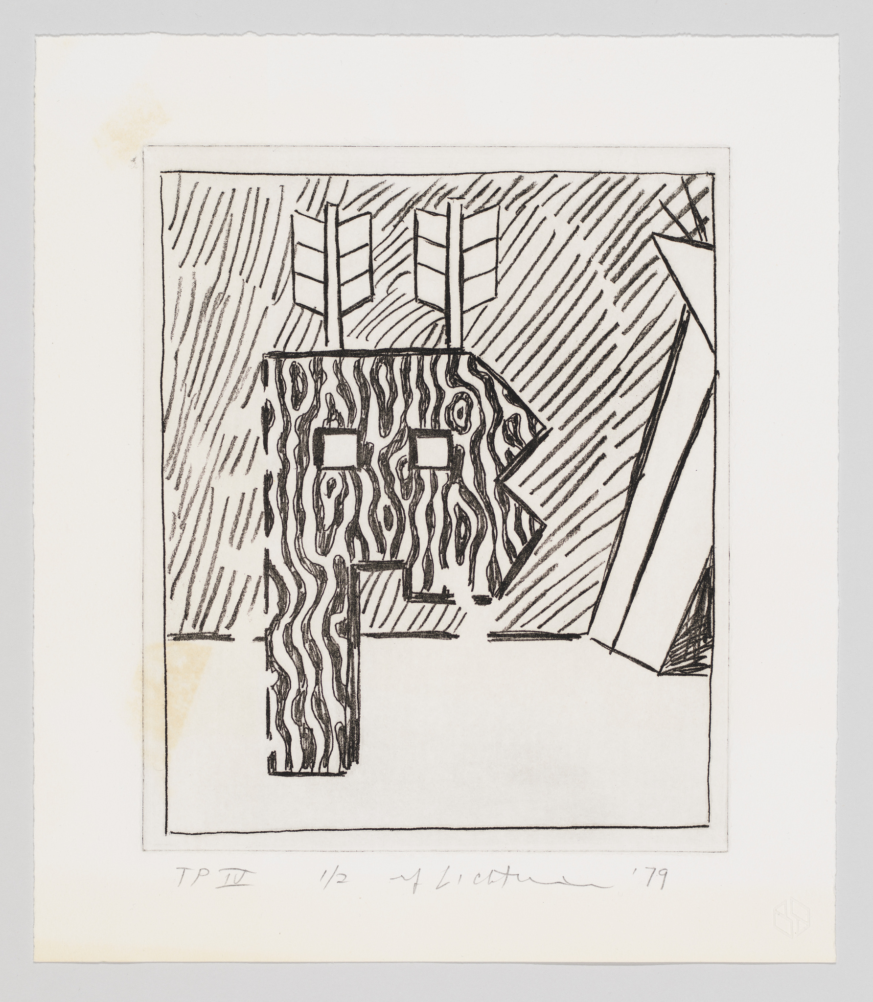 Abstract black and white etching with patterned shapes and lines, signed and dated '79 by the artist.