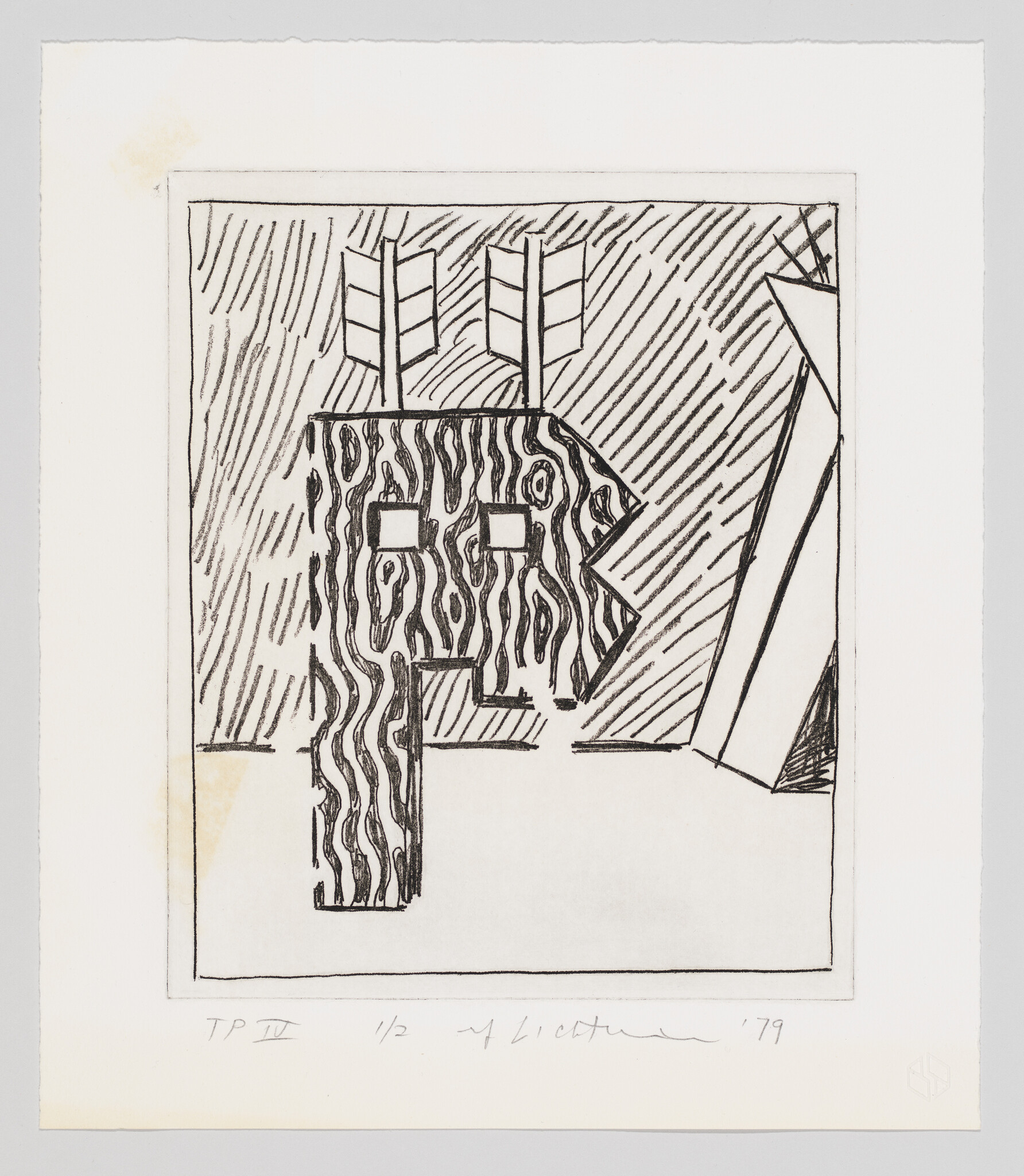 A stylized wood-grain mask with square eye holes and two arrow plumes above a geometric background.