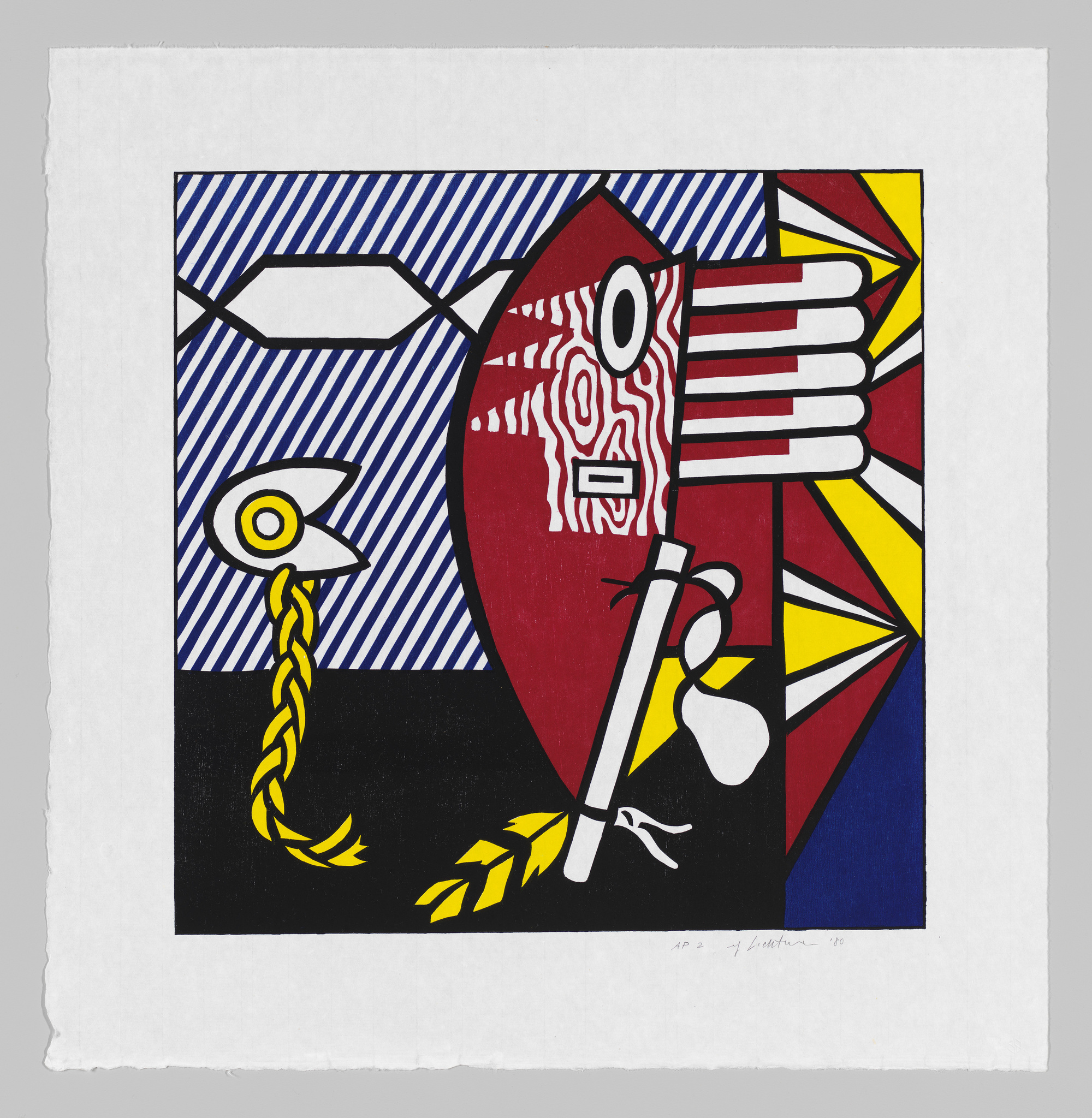 This is a colorful abstract print featuring bold geometric shapes and lines. The composition includes a large red shape resembling a shield with a white pattern, a yellow chain, and an eye motif on the left. The background is divided into sections with blue and white stripes, and other areas filled with solid colors like yellow, blue, and black. The style is reminiscent of modern art with a strong use of contrast and simplified forms. There is a signature and date at the bottom right corner.