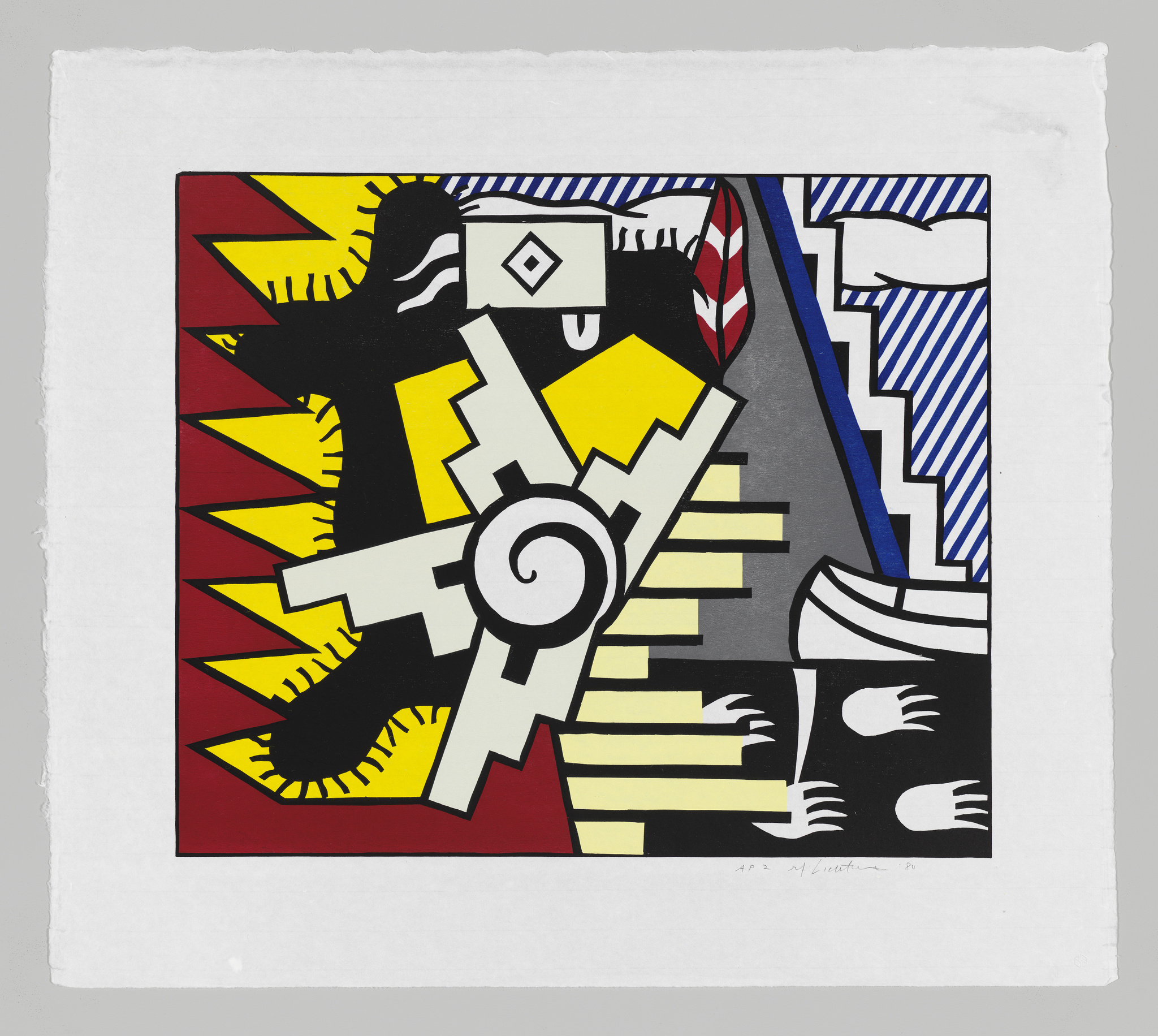 A vibrant abstract print featuring bold geometric shapes and contrasting colors. The composition includes a dynamic array of forms such as spirals, zigzags, and angular lines in yellow, red, black, white, and blue. The style is reminiscent of Cubism and Futurism, with a sense of movement and rhythm conveyed through the interlocking shapes and patterns. The print is on white paper with a rough texture visible along the edges, suggesting a high-quality, heavyweight stock.