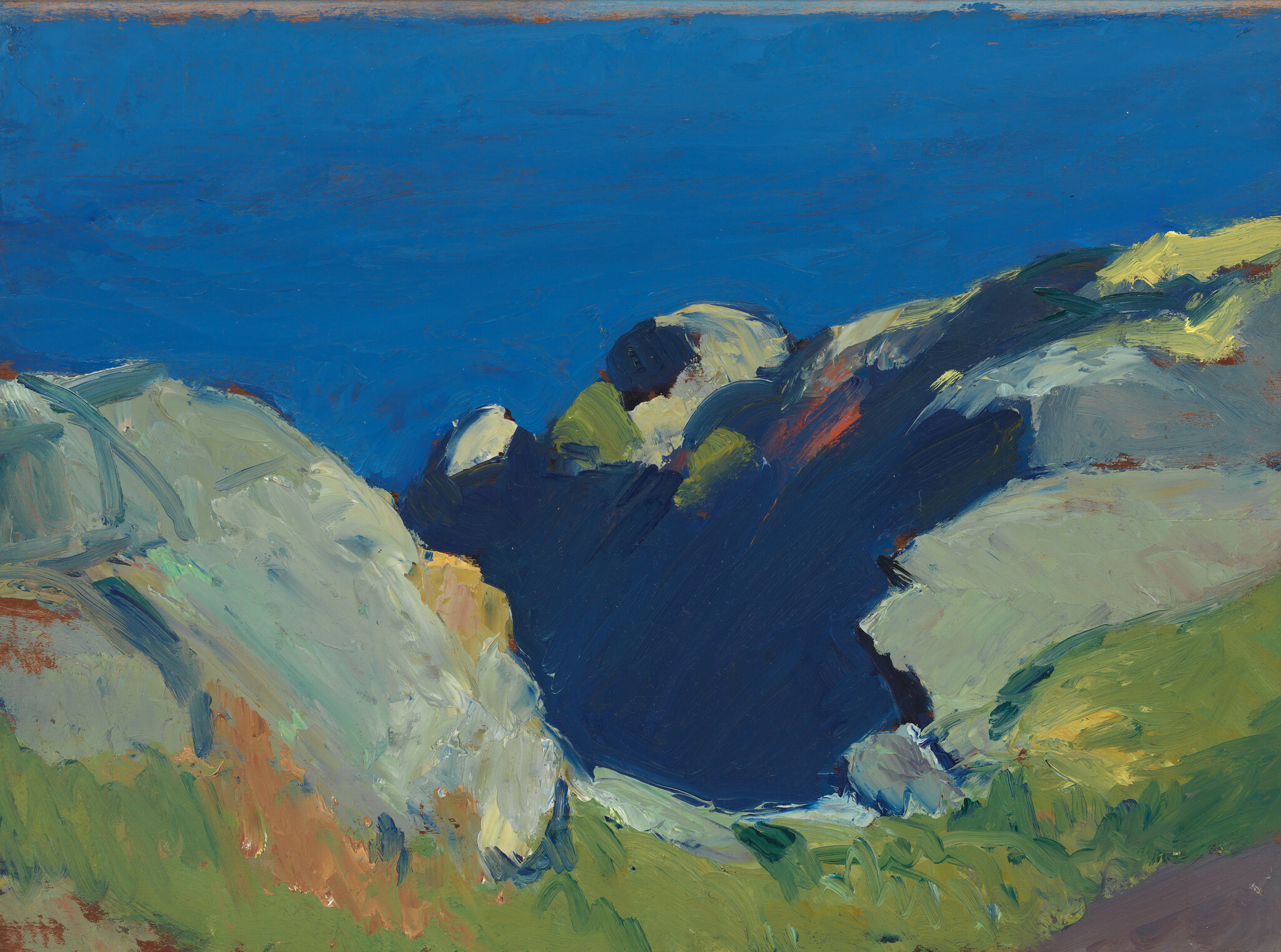 Boldly painted coastal cliffs and rocky cove overlooking a deep blue sea.