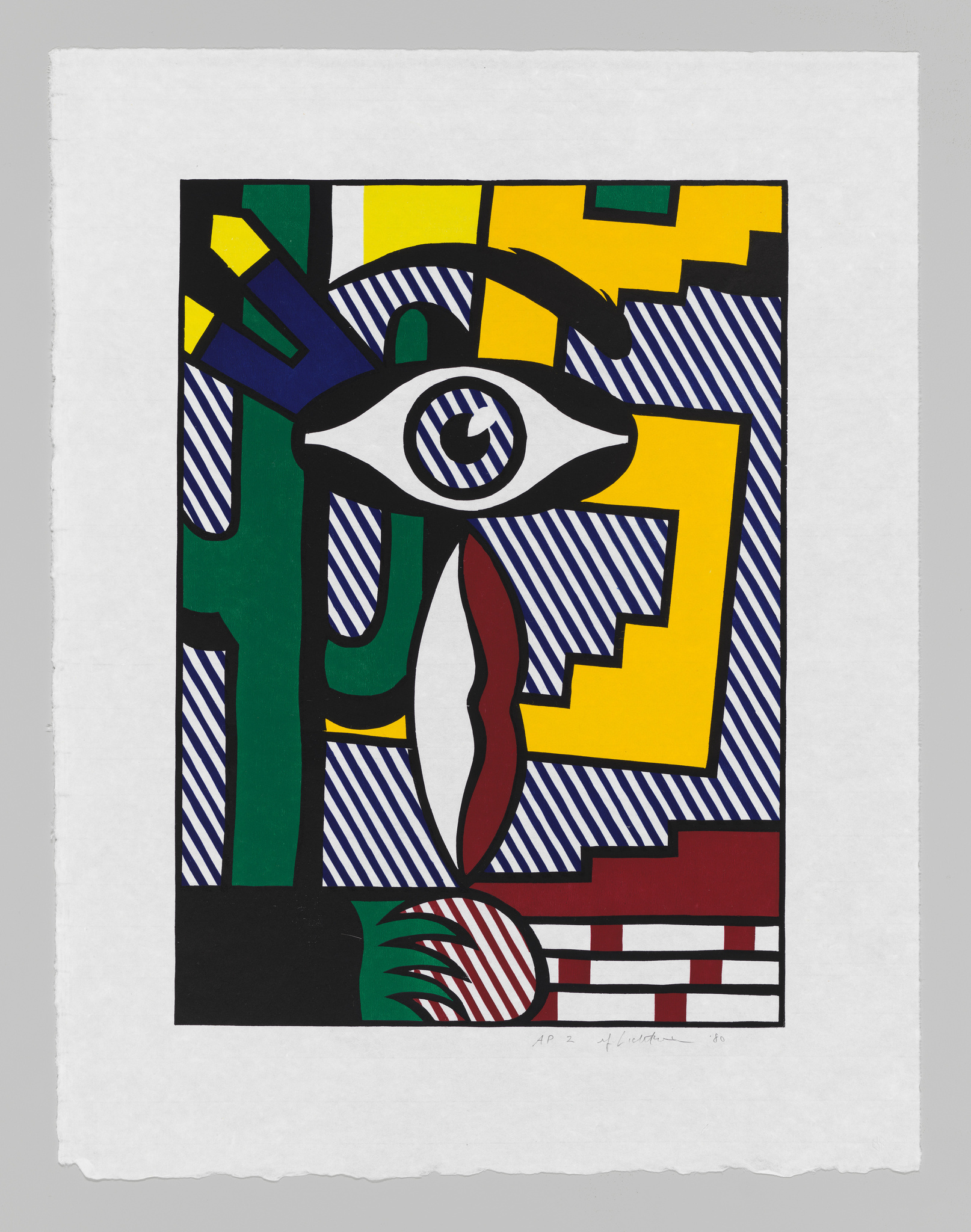 A graphic print featuring abstract shapes and bold colors with a central eye motif. The composition includes geometric patterns in yellow, blue, green, and red, with black outlines creating a sense of structure. The eye is detailed with a white sclera, black pupil, and is surrounded by green and red shapes that suggest natural forms. The artwork has a modernist style and is signed and numbered at the bottom.