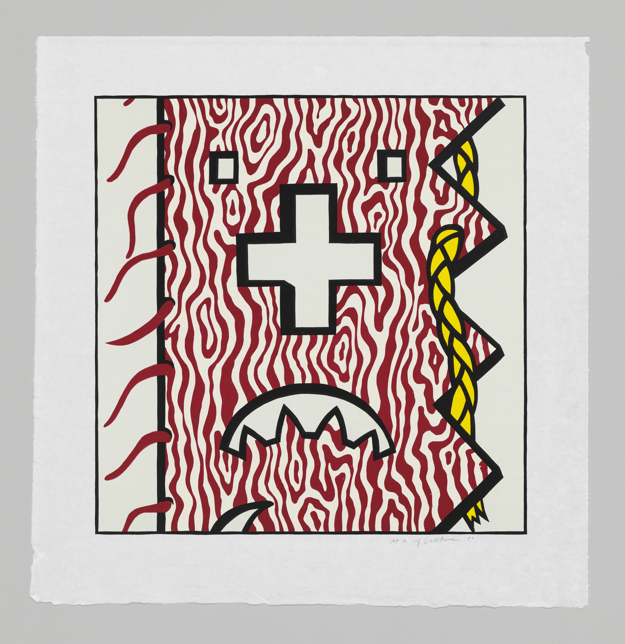 A graphic print featuring a bold, abstract design with a central white cross on a red background with wavy black lines. The corners have small square elements, and there's a black and yellow rope-like pattern twisting along the right edge. The bottom features a black, jagged shape resembling a mouth with sharp teeth. The artwork is signed and dated in the lower right corner.