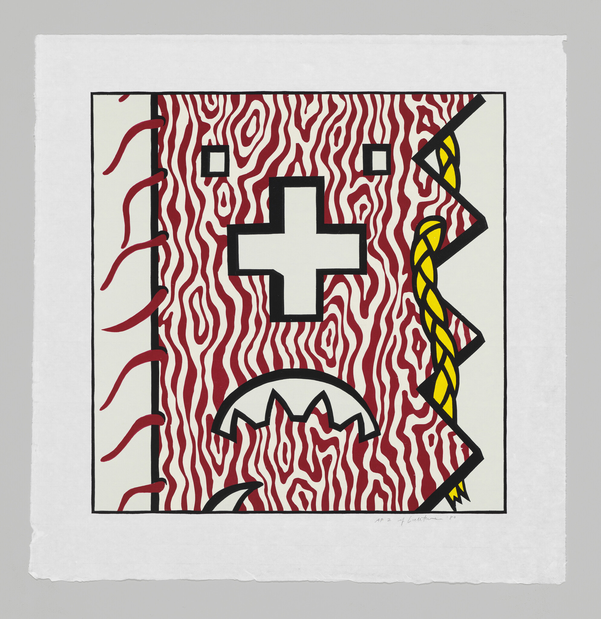 A red wood-grain patterned square features a white cross, jagged mouth, and yellow braided edge.