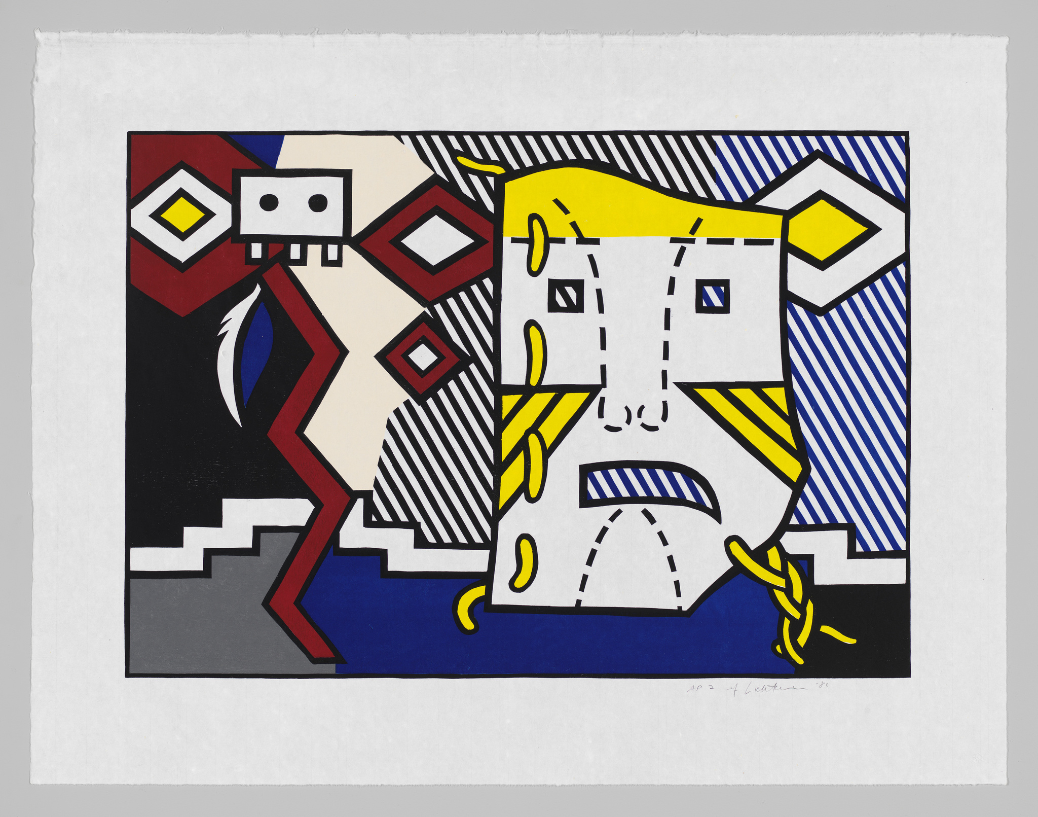 A colorful abstract print featuring geometric shapes and bold lines in a style reminiscent of cubism. The composition includes a central figure with a face-like form in yellow, blue, and white, surrounded by various shapes including diamonds and stripes. The artwork uses a limited palette of primary colors—blue, red, and yellow—alongside black and white, creating a striking visual contrast.