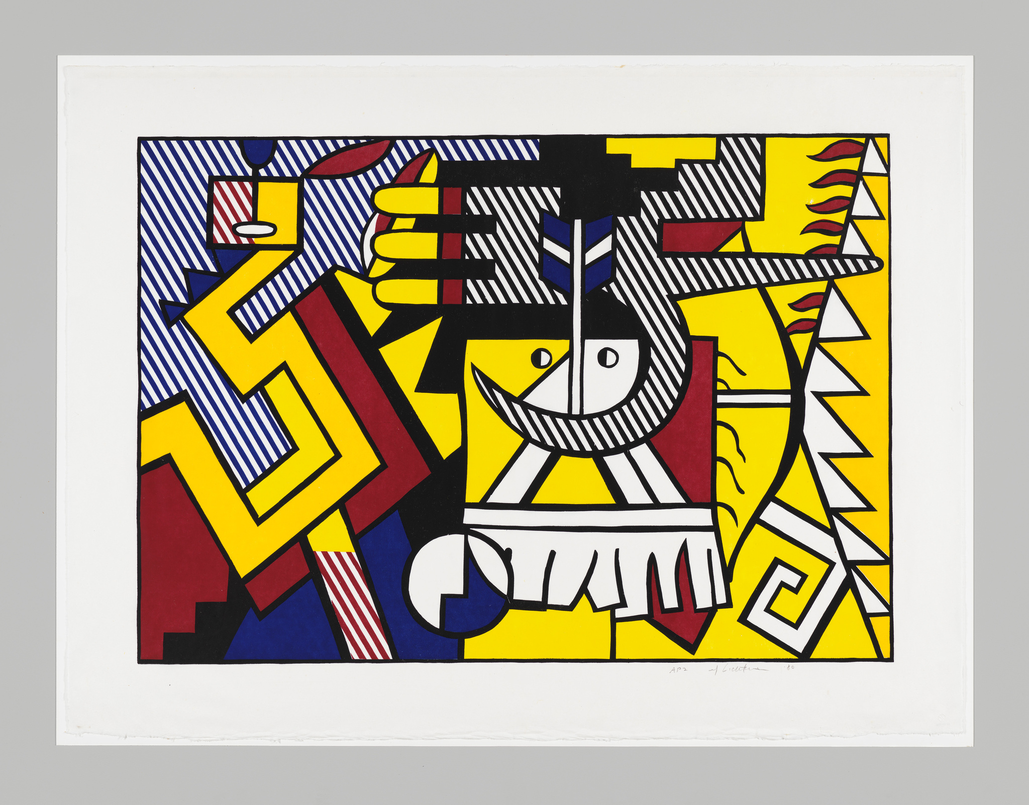 A colorful abstract print featuring bold geometric shapes and lines in yellow, blue, red, and black, with a central figure that appears to have facial features and is surrounded by dynamic patterns.