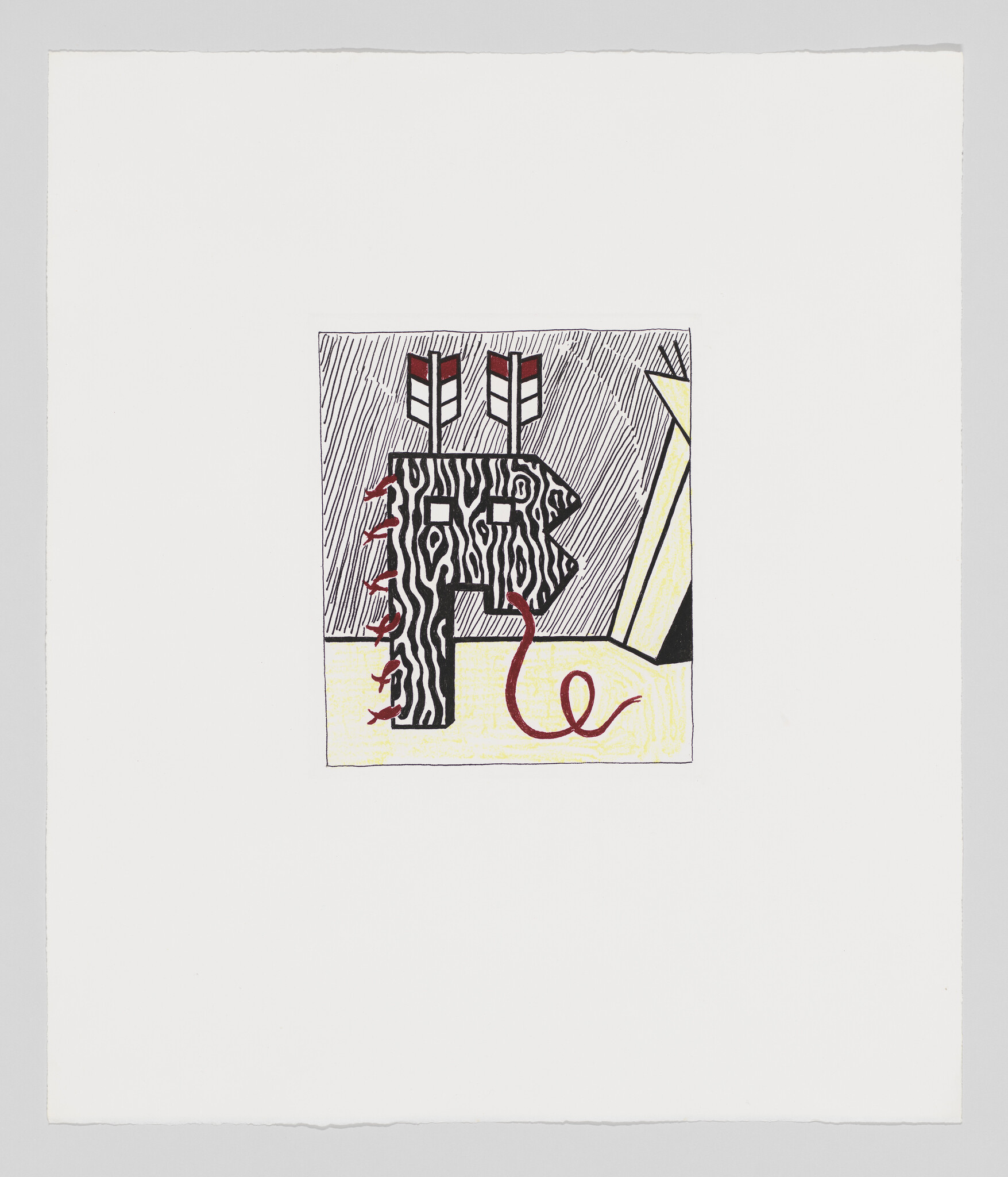 A stylized zebra-striped dog with two arrows in its back and a red curled tongue.