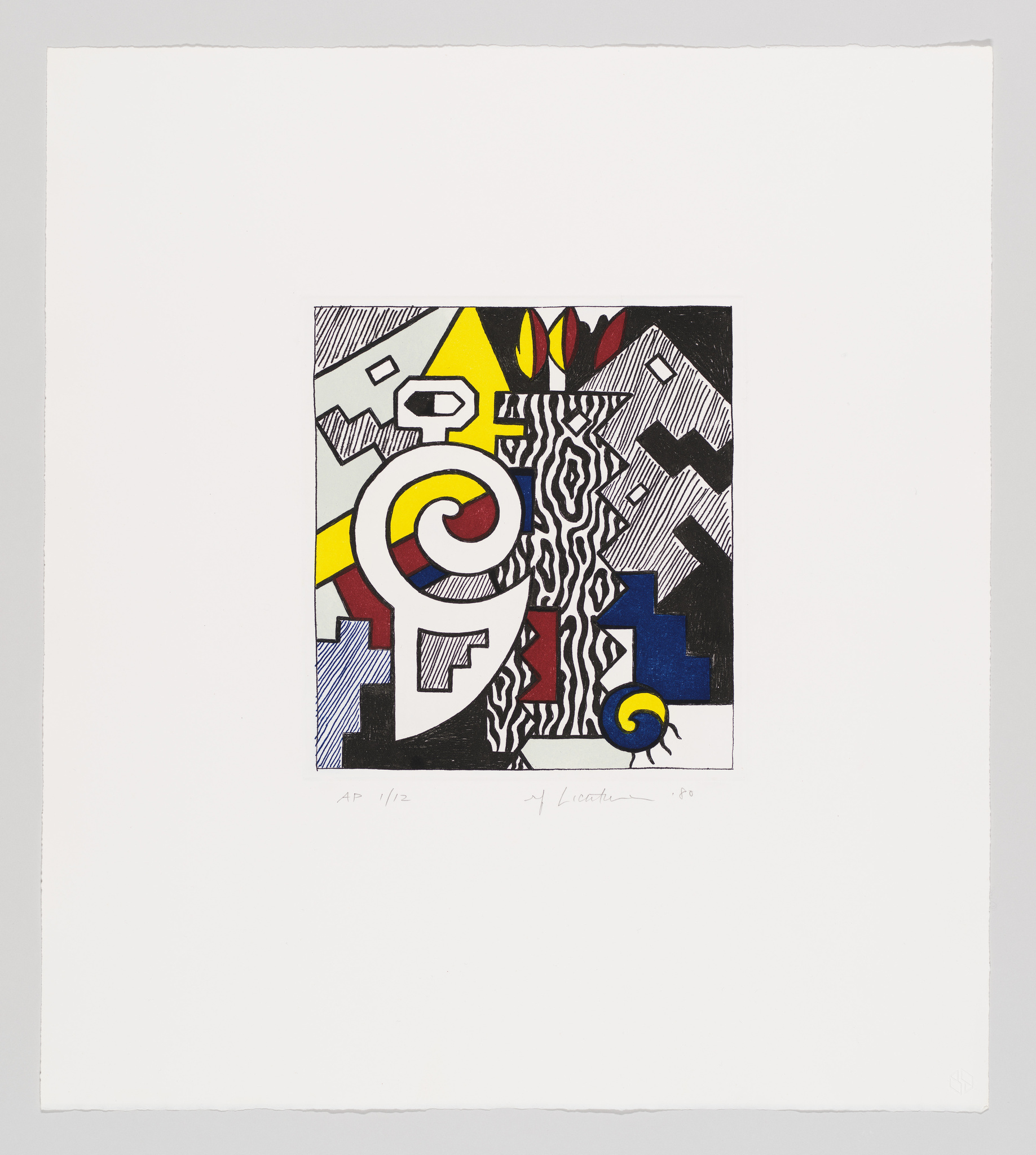 A colorful abstract print featuring geometric and organic shapes in black, white, yellow, red, and blue. The composition includes a central spiral, angular forms, and wavy lines, with a signature and edition number at the bottom.