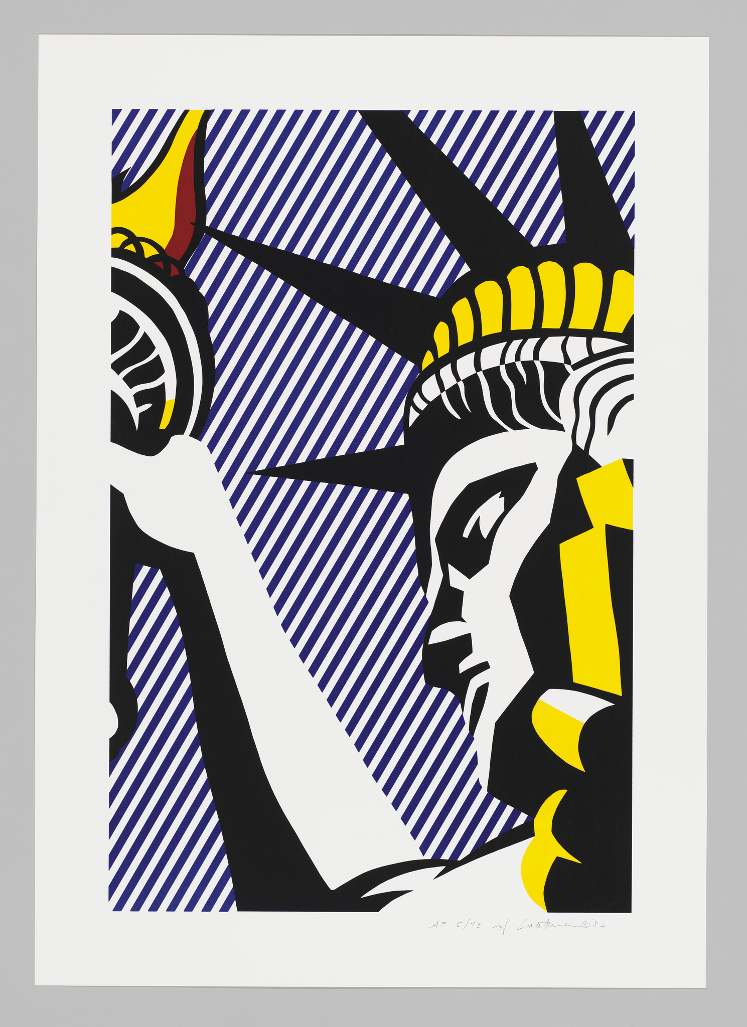 Close-up pop art of the Statue of Liberty's face and raised torch against diagonal striped background.