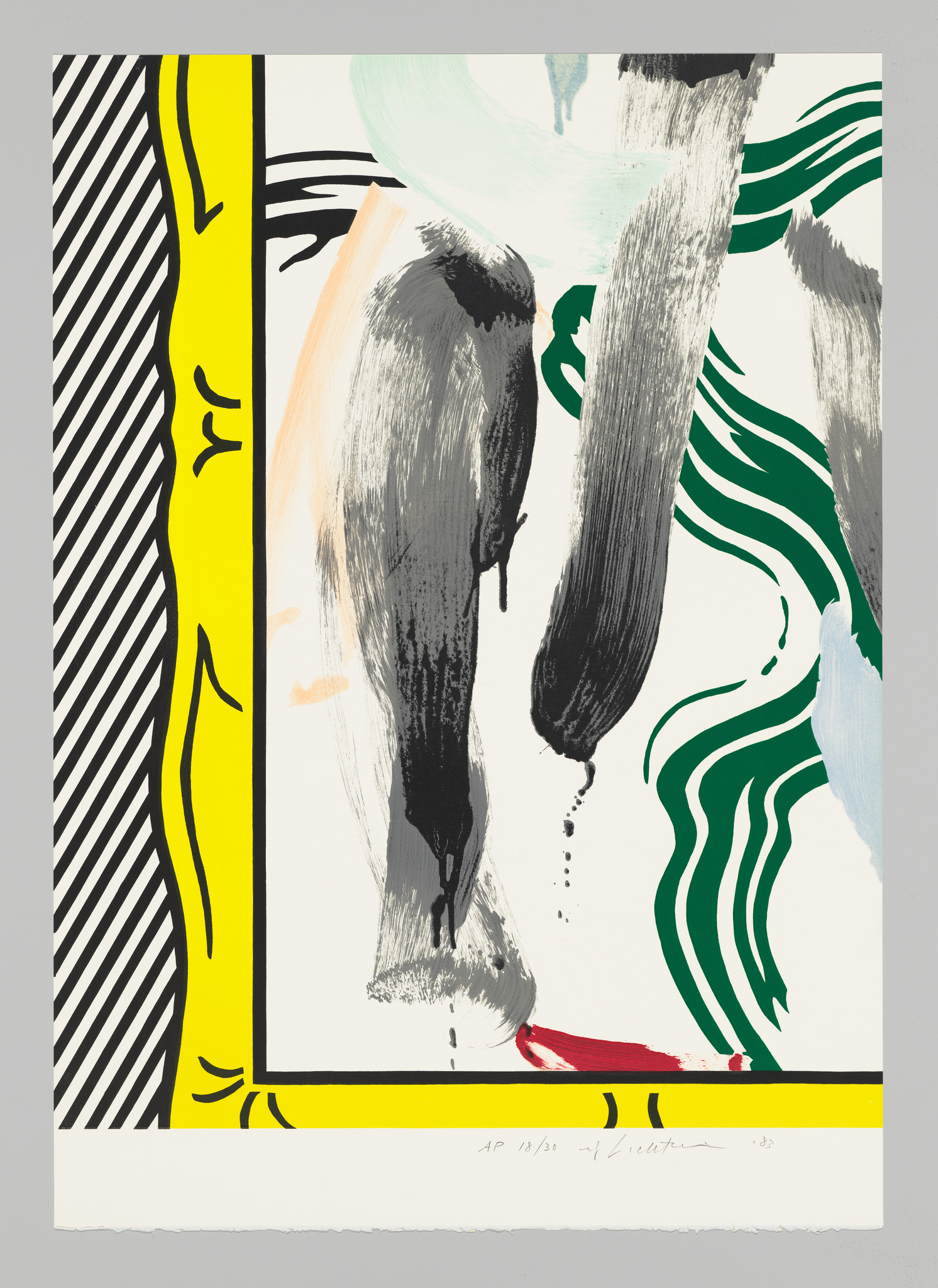 Abstract artwork featuring bold brush strokes in black, green, and red on a white background, with graphic elements including a yellow stripe with black hatching on the left and a green wave pattern on the right. The piece is numbered and signed at the bottom.