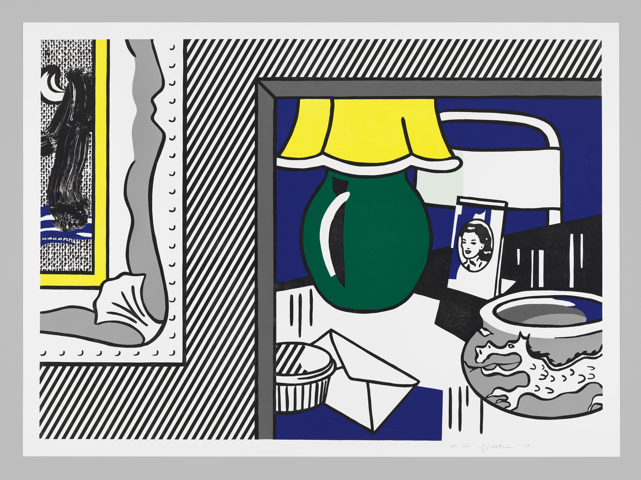 Graphic artwork featuring a stylized interior scene with bold black lines and limited color palette, primarily blue, yellow, and green. The composition includes a window with curtains, a framed picture, a lampshade, a vase, and a bowl of fruit on a table. The style is reminiscent of pop art with flat areas of color and outlined details.