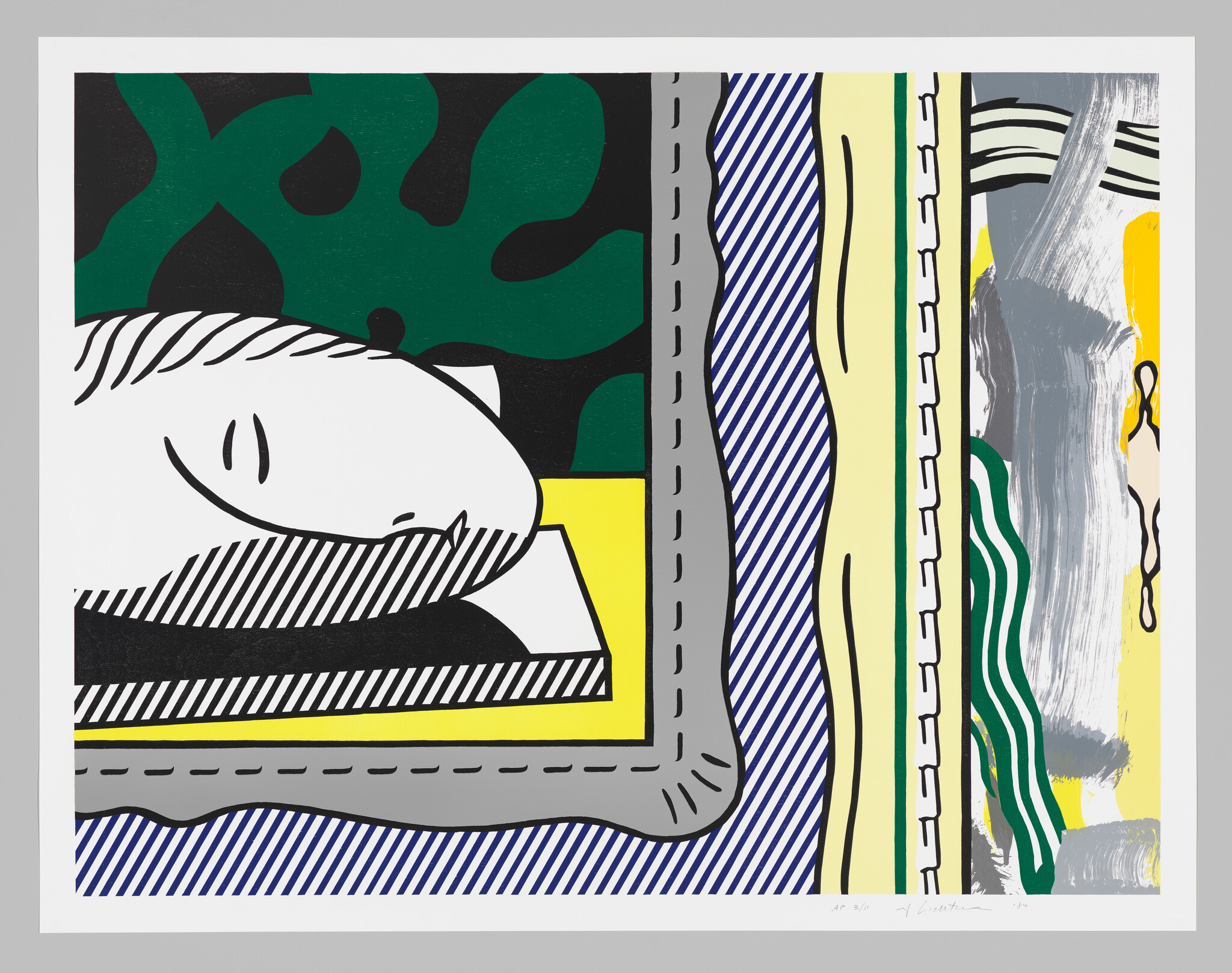 Bold pop-art print showing a reclining white face and colorful patterned frames and stripes.