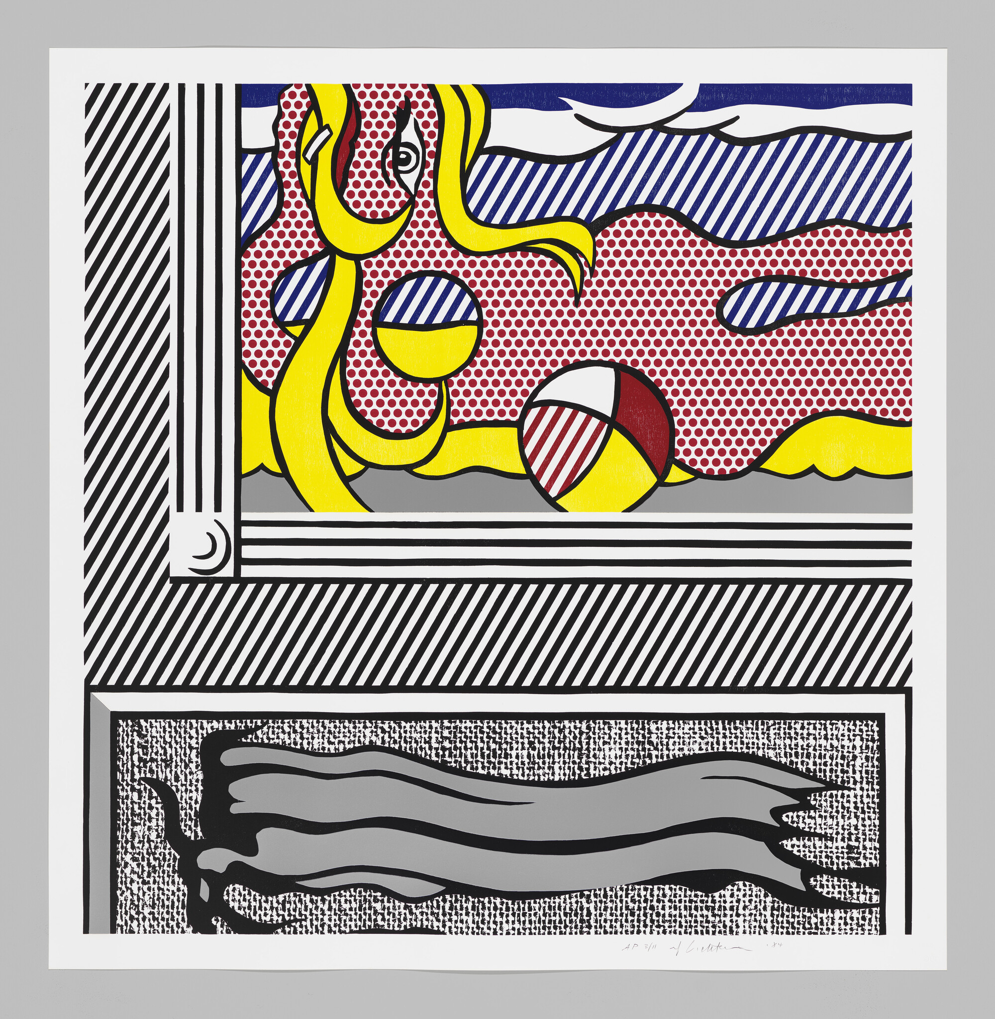 Blonde comic-style woman with flowing hair and a striped beach ball against dotted background.