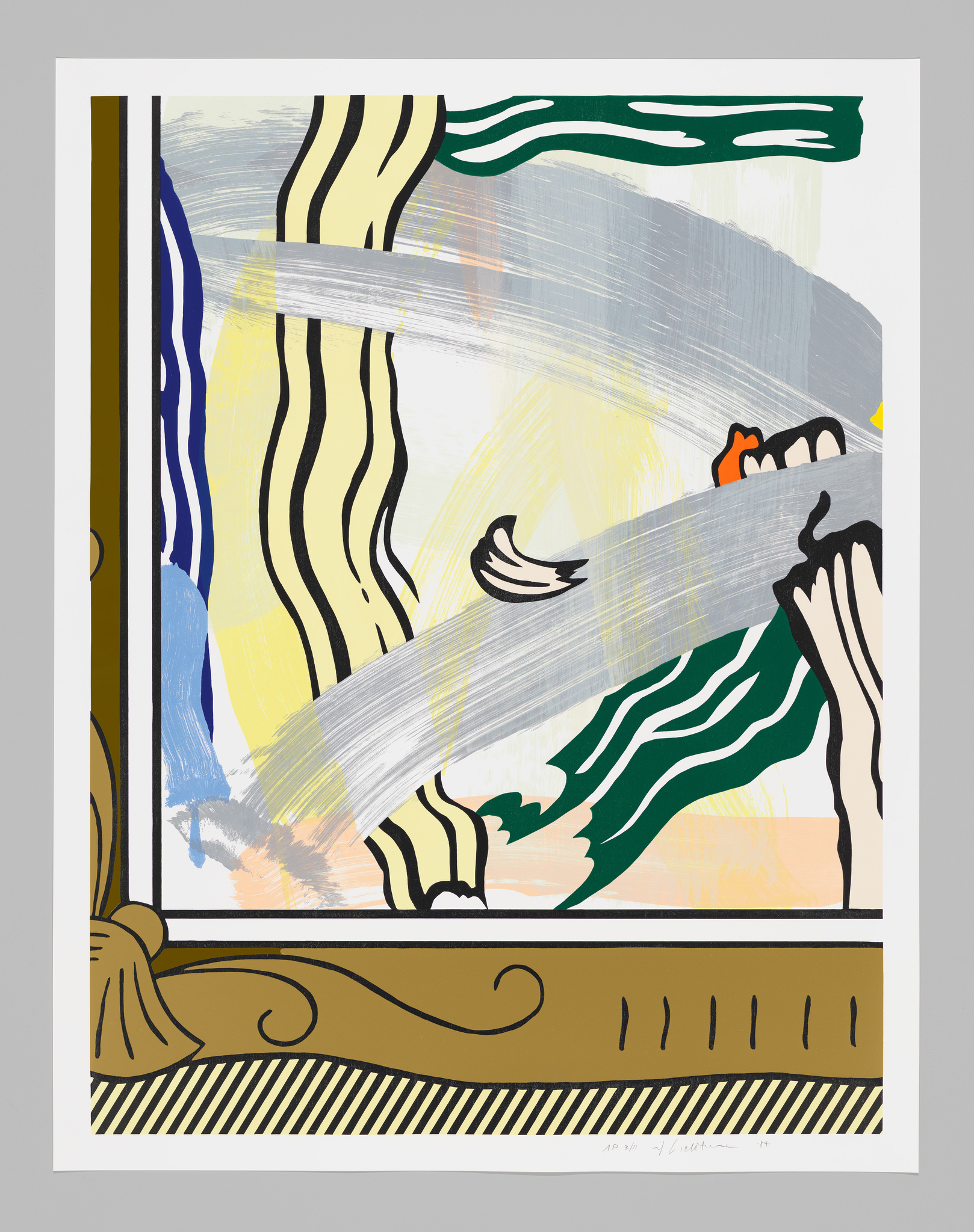 Abstract artwork featuring a stylized depiction of a scene viewed through a window, with bold lines and shapes in various colors such as blue, green, yellow, and orange. The composition includes elements that suggest a landscape with sky, possibly water, and a small red figure. The image has a textured appearance with visible brushstrokes and is framed within a border that includes a signature and edition number at the bottom.