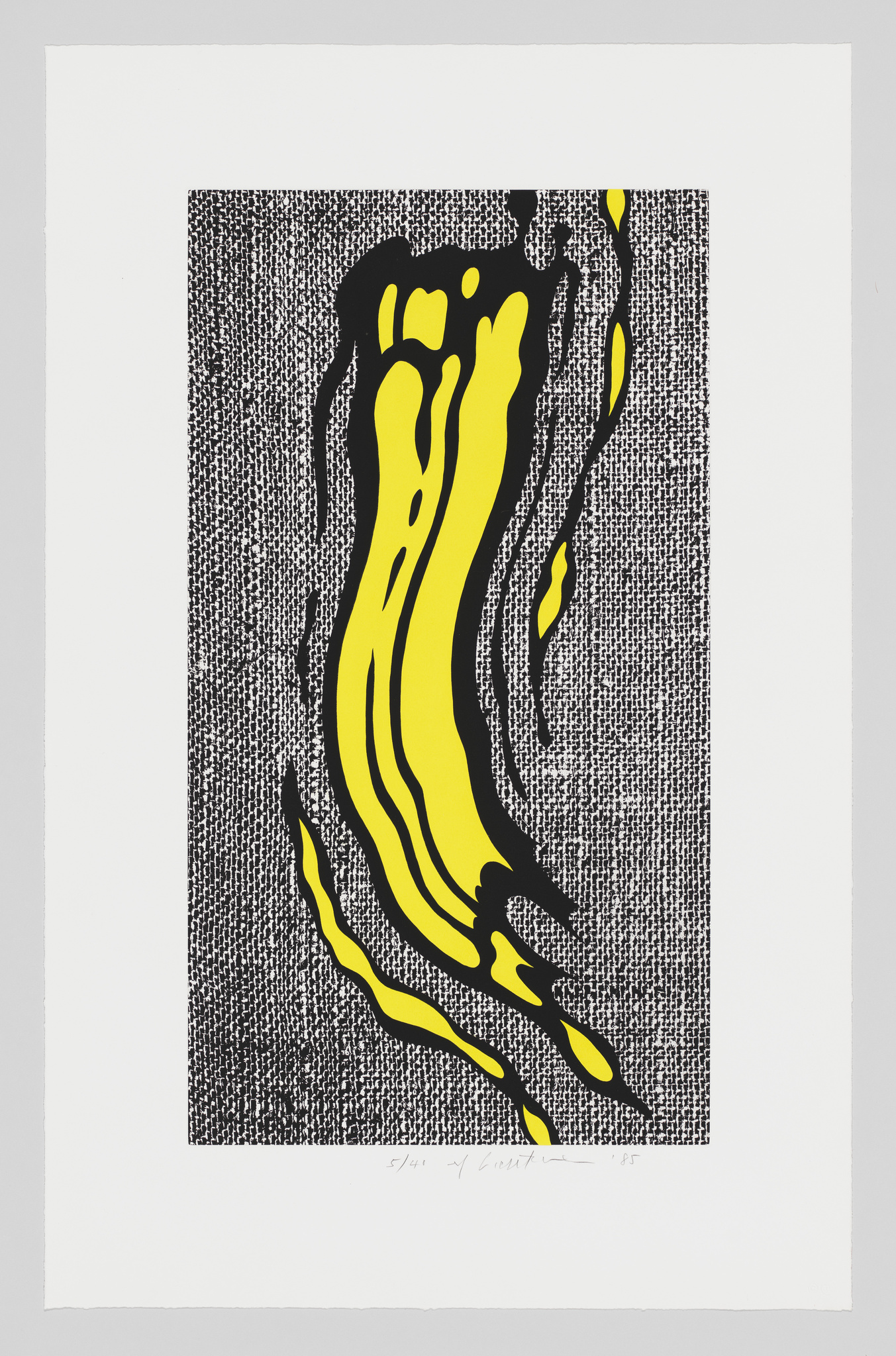 A graphic print featuring a bold yellow abstract shape resembling a flame or a flowing liquid on a textured black and white background. The print is numbered and signed at the bottom.